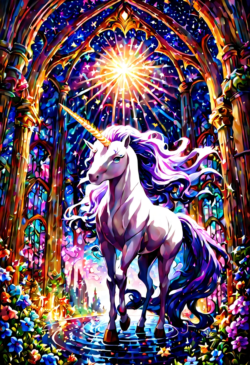 high gothic, highly detailed, multicolored, (fantasy unicorn:1.5), bright starry night, mark brooks and dan mumford, comic book art, perfect, smooth, vibrant colors, intricate details, realistic textures, ethereal glow, dynamic composition, mystical atmosphere, epic scale, elaborate architecture, ornate decorations, magical elements, flowing mane and tail, majestic horn, expressive eyes, graceful pose, whimsical surroundings, surreal background, dramatic lighting, captivating storytelling