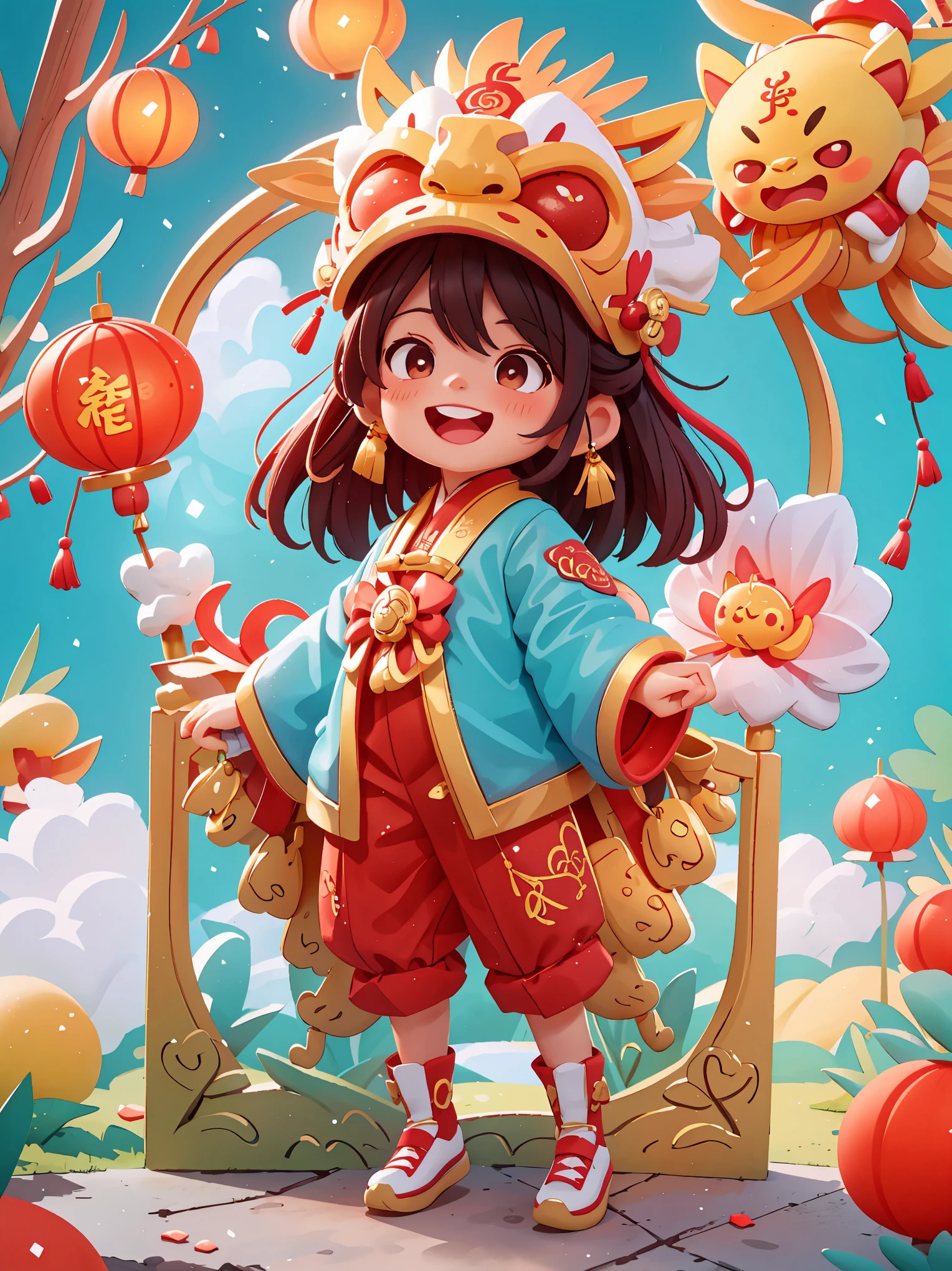 masterpiece,(best quality),Very detailed,Super detailed, (1 girl), Chinese traditional clothing, red衣服, dragon hat, dragon, vivid appearance, Eyes full of joy, shining fireworks, gold, red, smiley face, Red Lantern, warm light, festive atmosphere, bustling street, Expressions of joy and excitement, The unique charm of the Spring Festival Gala, high definition resolution, artwork.