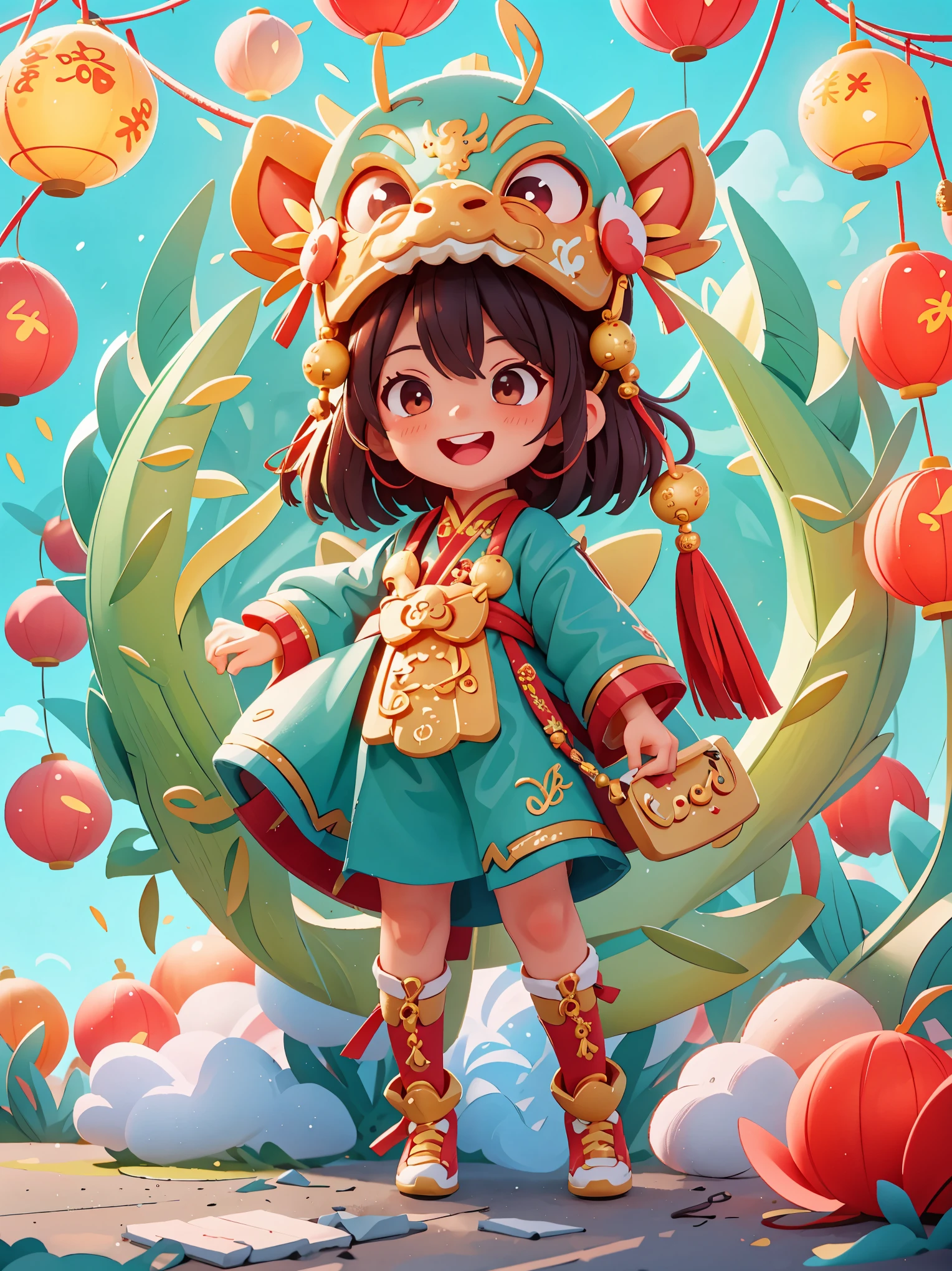 masterpiece,(best quality),Very detailed,Super detailed, (1 girl), Chinese traditional clothing, red衣服, dragon hat, dragon, vivid appearance, Eyes full of joy, shining fireworks, gold, red, smiley face, Red Lantern, warm light, festive atmosphere, bustling street, Expressions of joy and excitement, The unique charm of the Spring Festival Gala, high definition resolution, artwork.