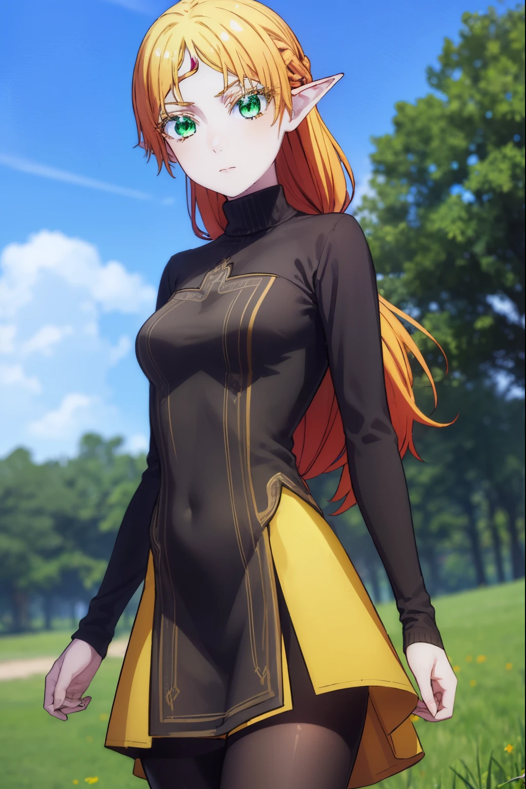 tsundereelf, tsundere elf, long hair, blonde hair, (green eyes:1.5), pointy ears, elf, multicolored hair, forehead jewel,
BREAK long sleeves, turtleneck bodysuit, pantyhose, sweater, (black sweater:1.2), dress, (yellow dress:1.5),
BREAK outdoors, forest, nature, sun, sky, clouds,
BREAK looking at viewer, (cowboy shot:1.5),
BREAK (masterpiece:1.2), best quality, high resolution, unity 8k wallpaper, (illustration:0.8), (beautiful detailed eyes:1.6), extremely detailed face, perfect lighting, extremely detailed CG, (perfect hands, perfect anatomy),