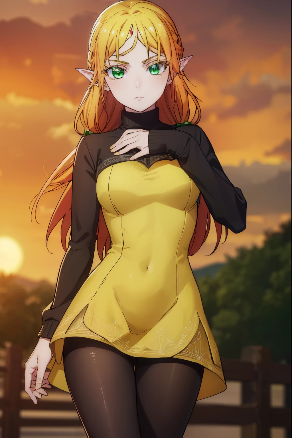 tsundereelf, tsundere elf, long hair, blonde hair, (green eyes:1.5), pointy ears, elf, multicolored hair, forehead jewel,
BREAK long sleeves, turtleneck bodysuit, pantyhose, sweater, (black sweater:1.2), dress, (yellow dress:1.5),
BREAK outdoors, forest, nature, sun, sky, clouds,
BREAK looking at viewer, (cowboy shot:1.5),
BREAK (masterpiece:1.2), best quality, high resolution, unity 8k wallpaper, (illustration:0.8), (beautiful detailed eyes:1.6), extremely detailed face, perfect lighting, extremely detailed CG, (perfect hands, perfect anatomy),