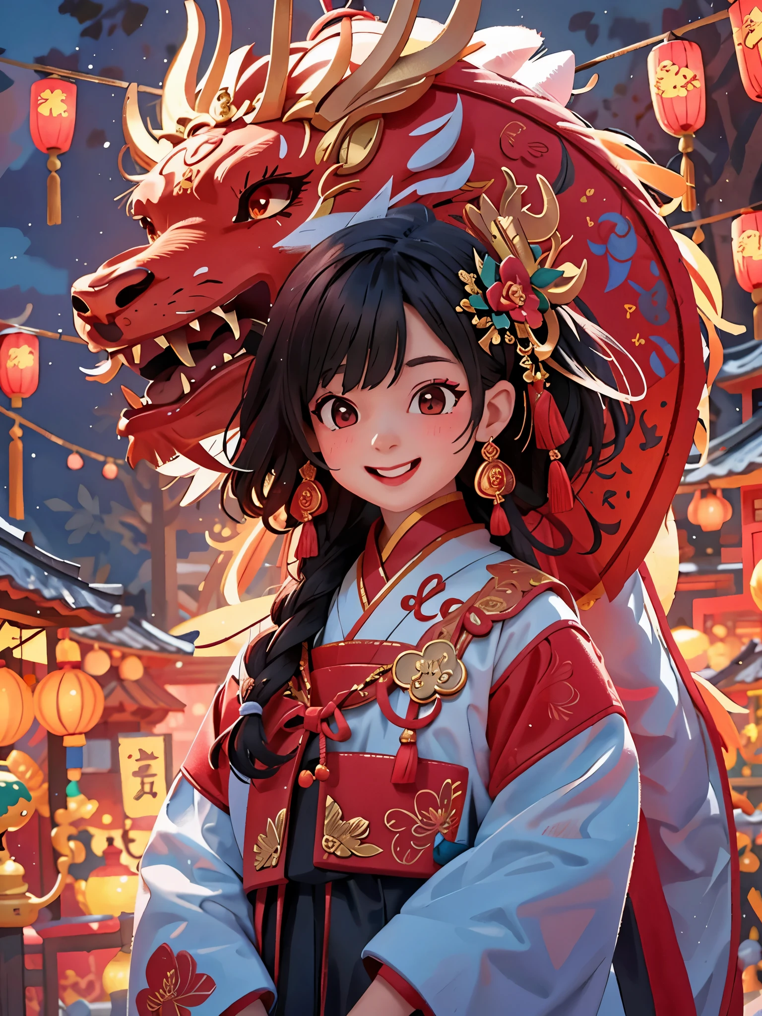 masterpiece,(best quality),Very detailed,Super detailed, (1 girl), Chinese traditional clothing, red衣服, dragon hat, dragon, vivid appearance, Eyes full of joy, shining fireworks, gold, red, smiley face, Red Lantern, warm light, festive atmosphere, bustling street, Expressions of joy and excitement, The unique charm of the Spring Festival Gala, high definition resolution, artwork.