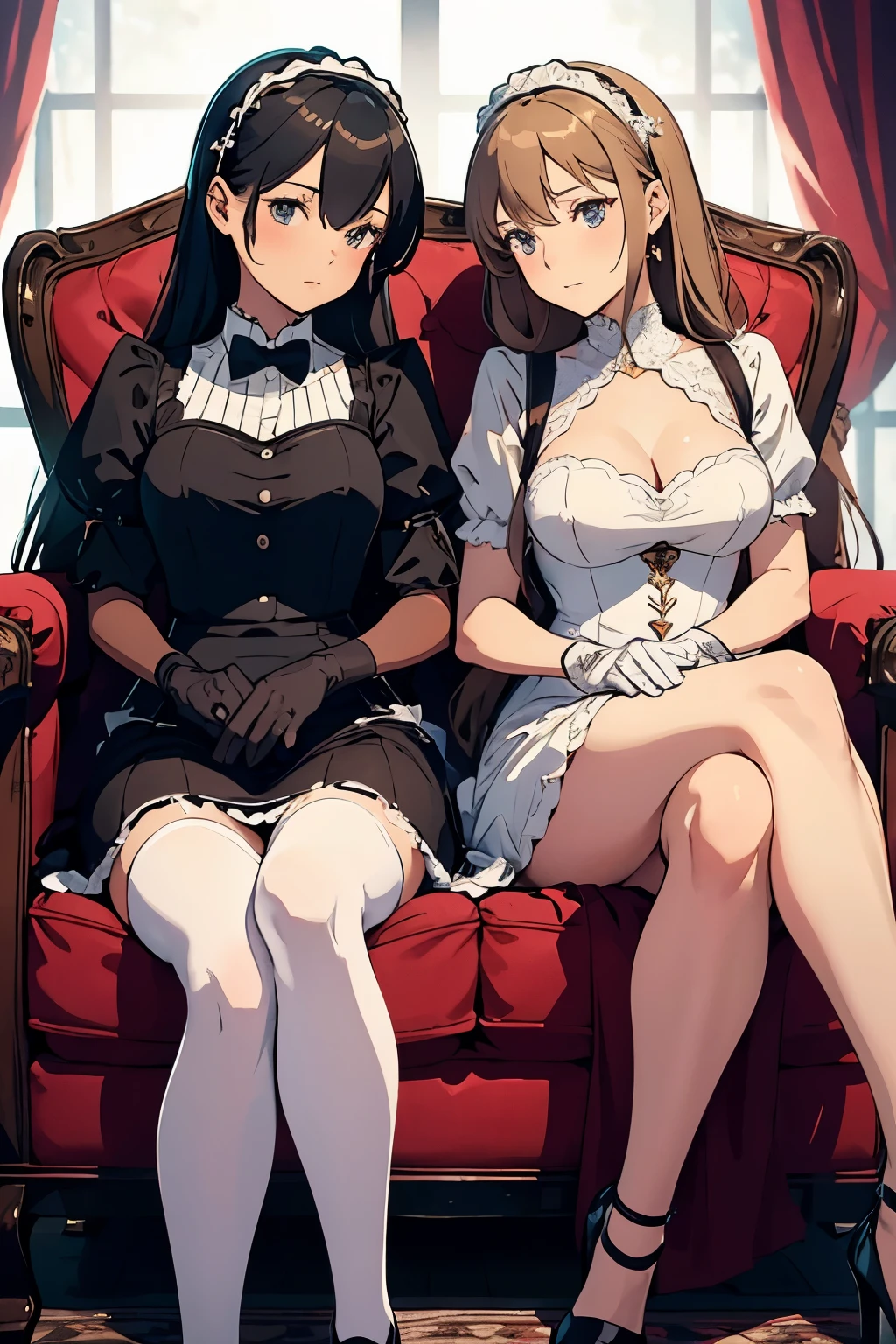 masterpiece, Highest quality, Full body portrait from head to toe、Cute little twins、Two people sitting apart、、((Black Hair、Bob Hair))、Grey Eyes、((((A luxurious and sexy maid outfit with frills, lace, and ribbons.,Micro Mini Skirt、choker、Fishnet tights、High heels))))、Tight clothing size、((((Small breasts、Flat Chest))))、Slender body、Open your mouth,((Sitting cutely on the sofa facing forward、Sit with space between each other)),((Luxurious lounge))、((((smile)))),((Favorability))、((((Detailed facial depiction,Beautiful Eyes))))、cute pose、((symmetry))