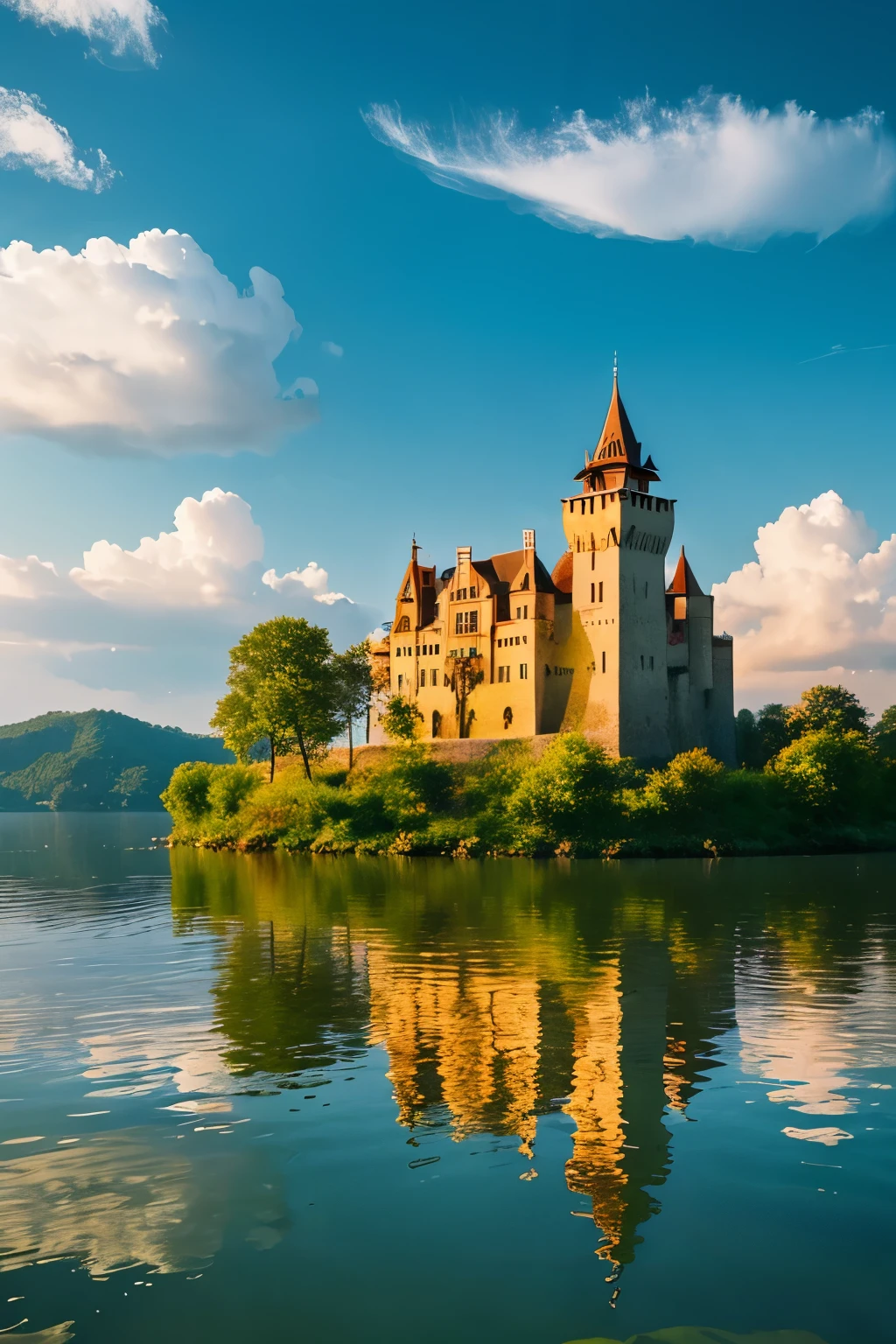 An old castle floating in the middle of a lake that can be seen from a distance、Flowing clouds、Fantastic、clear water、beautiful scenery