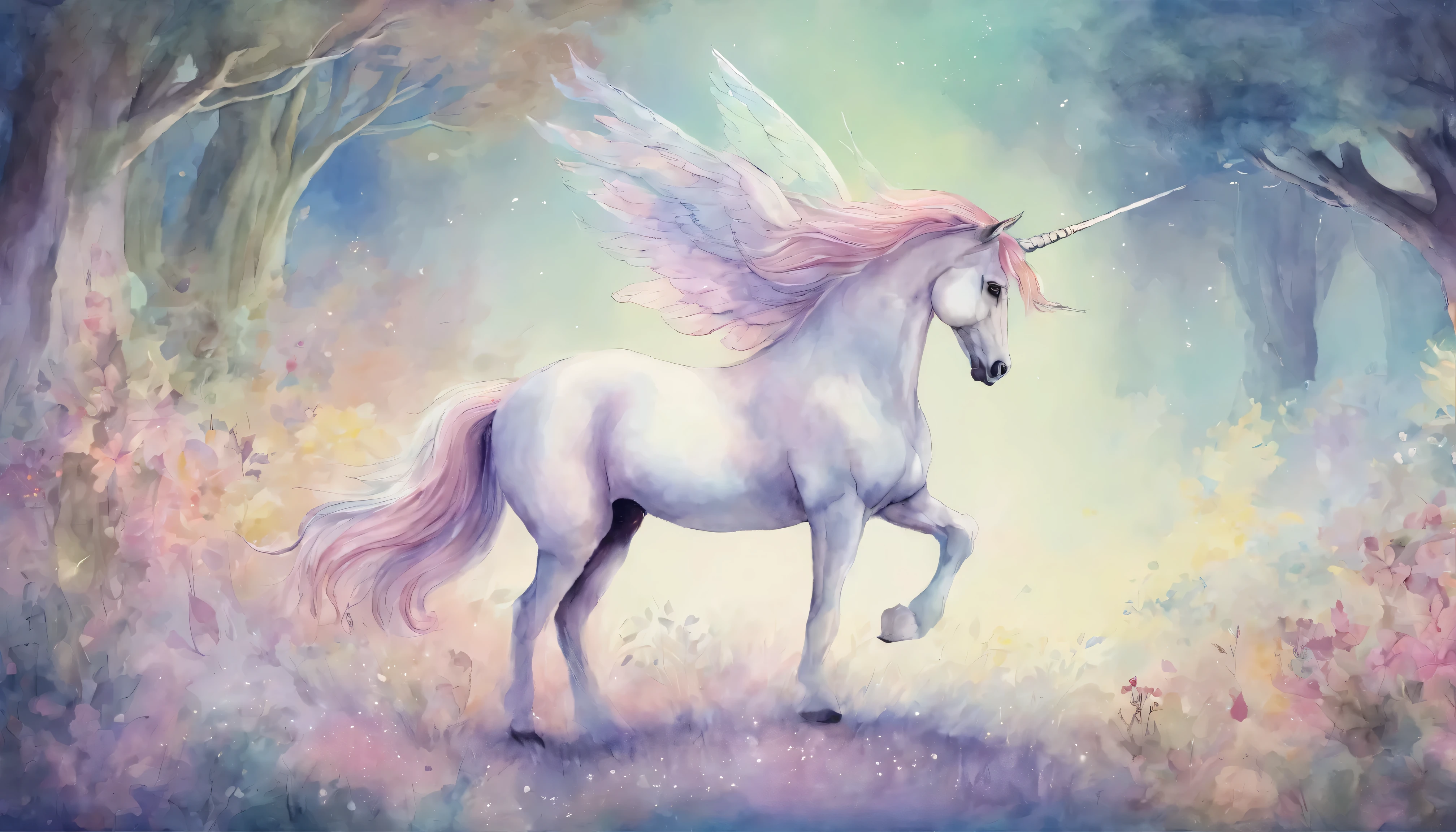 unicorn, soft colours, watercolour style