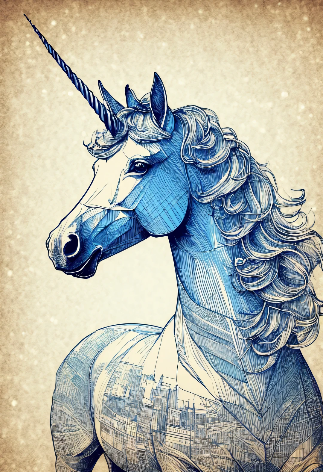 blueprint art style, unicorn,portrait, Beautiful detailed