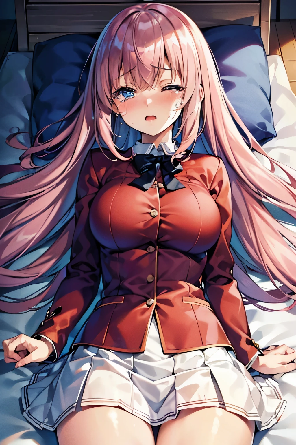 ​masterpiece, top-quality, Hi-Res, 1girl in, Honami Ichinose, White skirt、looking at the viewers,BREAK (masutepiece:1.2), Best Quality, High resolution, Unity 8k壁纸, (Illustration:0.8), (Beautiful detailed eyes:1.6), extra detailed face, Perfect Lighting, extremely details CG, (Perfect hands, Perfect Anatomy), (Crying face:1.3)、NSFW,Normal bit,(vaginal,SEX),(Missionary position,((1man with 1woman,Having sex)),Lying in bed,bird’s eye view),(Spread legs),(Sleep on your back:1.5),(Girl trembling with sexual climax)、1man、