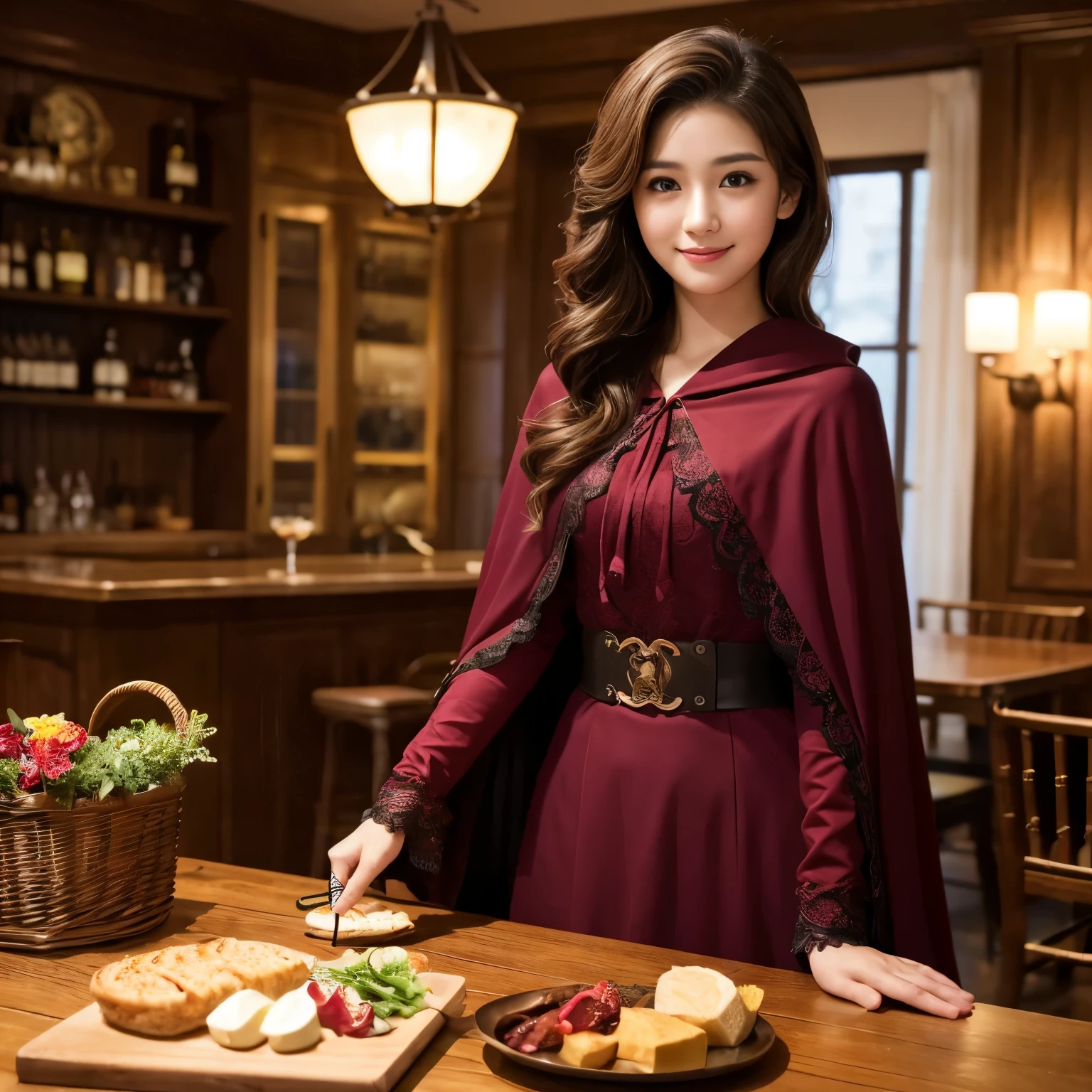 ((highest quality、table top、8K、best image quality))、1 beautiful girl、(15 year old girl with a young face:1.1)、((bordeaux food、accurate hood、cape))、(Classic atmosphere:1.1)、(classic folktale atmosphere:1.1)、(classic story atmosphere:1.1)、(fantastic atmosphere:1.1)、(short wavy hair:1.1)、look at me and smile、I have one exact fruit basket.、emphasize body line、big breasts、accurate anatomy、(cowboy shot)、(薄dark forestの奥深く:1.1)、crowded, dark forest、Slender、perfect makeup