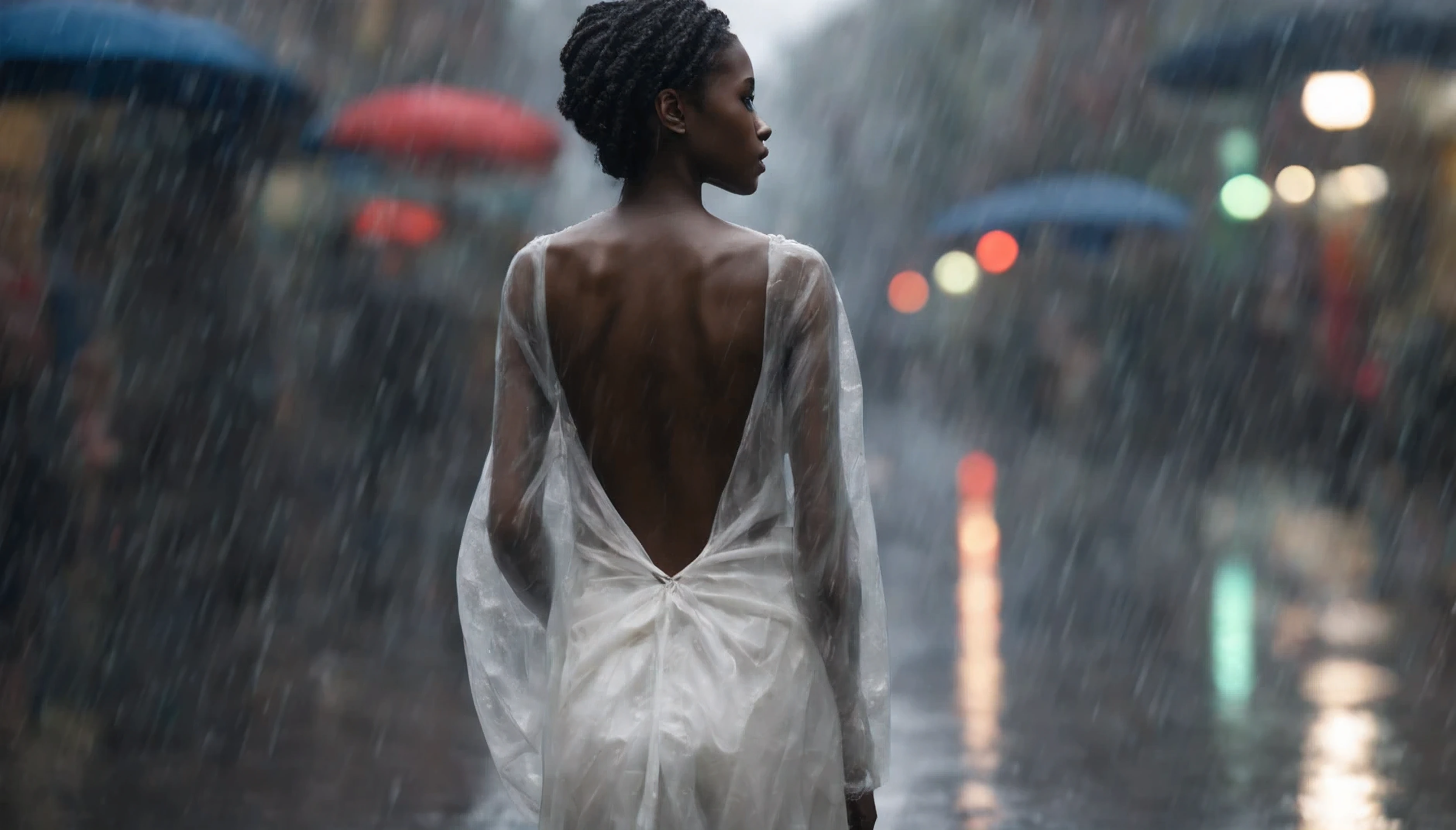 Craft a 4K hyper-realistic rear view, stunning image of Mari a beautiful slim young African lady. Aged 26 years, dressed in modern wears, long white transparent gown. completely drenched[showing her figures] in the rain while walking in an African city on a rainy day, dull weather, without sunlight, street view.