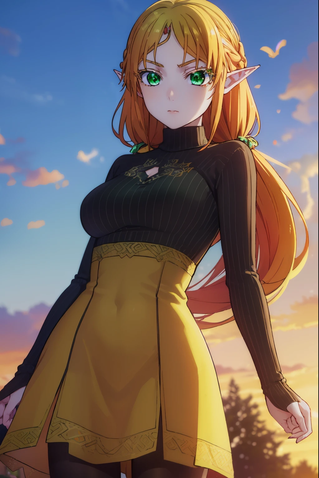 tsundereelf, tsundere elf, long hair, blonde hair, (green eyes:1.5), pointy ears, elf, multicolored hair, forehead jewel,
BREAK long sleeves, turtleneck bodysuit, pantyhose, sweater, (black sweater:1.2), dress, (yellow dress:1.5),
BREAK outdoors, forest, nature, sun, sky, clouds,
BREAK looking at viewer, (cowboy shot:1.5),
BREAK (masterpiece:1.2), best quality, high resolution, unity 8k wallpaper, (illustration:0.8), (beautiful detailed eyes:1.6), extremely detailed face, perfect lighting, extremely detailed CG, (perfect hands, perfect anatomy),