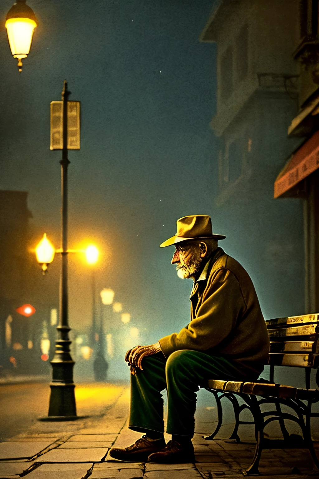 An old man, dressed in worn-out clothes, sits alone on a weathered bench with a gentle expression on his face. In one hand, he cradles a worn-out hat, and in the other, he holds a cigarette, its tip glowing brightly in the dimly lit street. The smoke curls up into the night sky, creating an ethereal haze around him. The scene is bathed in the warm glow of the streetlamp, casting long shadows on the pavement. The old man appears pensive, lost in thought, the cigarette serving as a comforting companion in the quiet solitude of the evening. The intricate details of his creased face and worn features are highlighted in