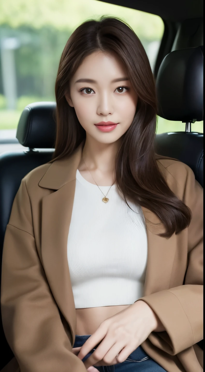 ((best image quality, 8K, master piece:1.3)), 1 girl, Beautiful woman with slender abs:1.3, (dark brown hair, No leakage:1.2), shirt,coat:1.1, Extra-fine face, detailed eye, double eyelid,smile,Home,Inside the car