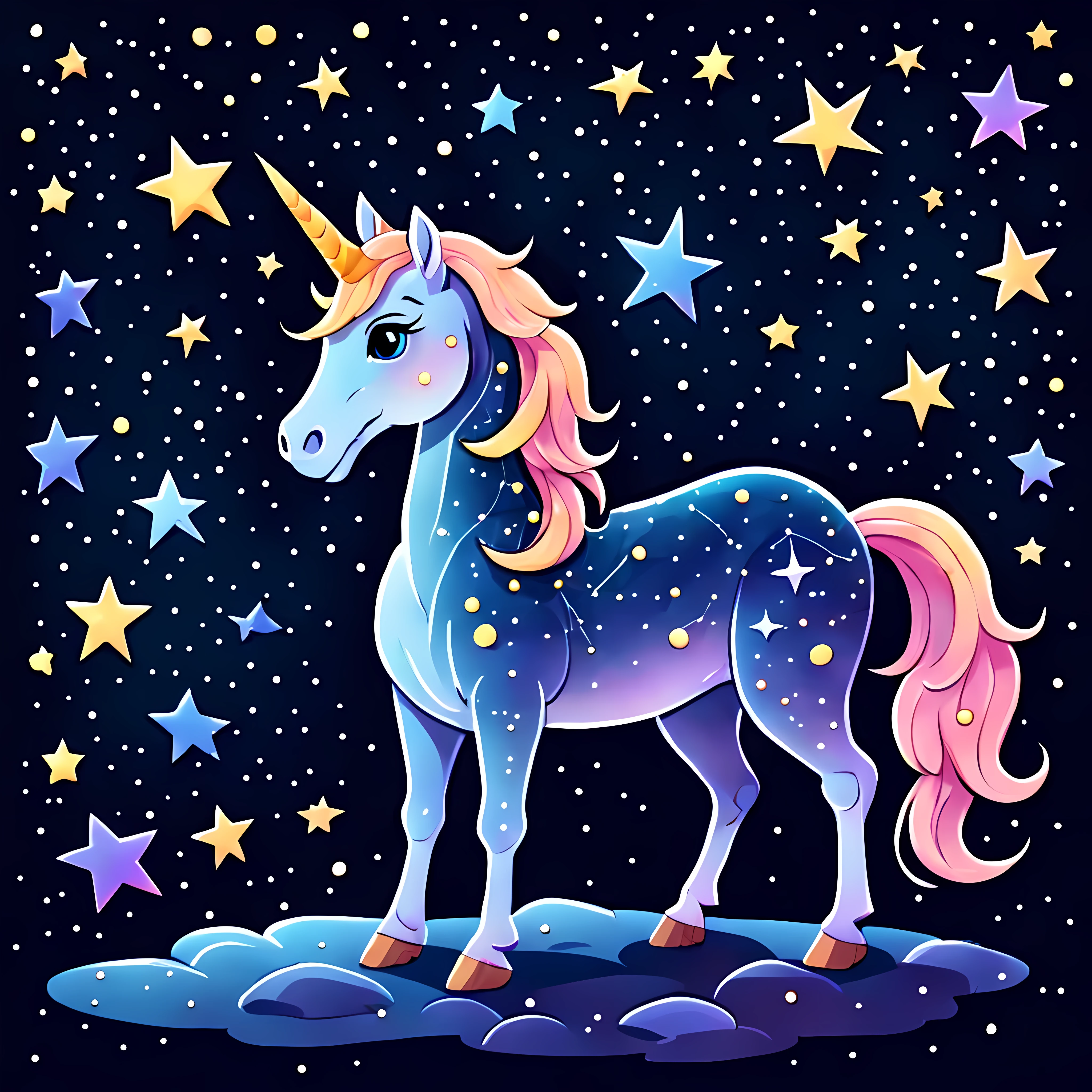 (Cute cartoon style:1.4), masterpiece in maximum 16K resolution, a love couple of majestic fantasy unicorns standing on a grassy hill. | Mystical starry sky. | A single huge neon heart above the unicorns. | ((More_Detail))