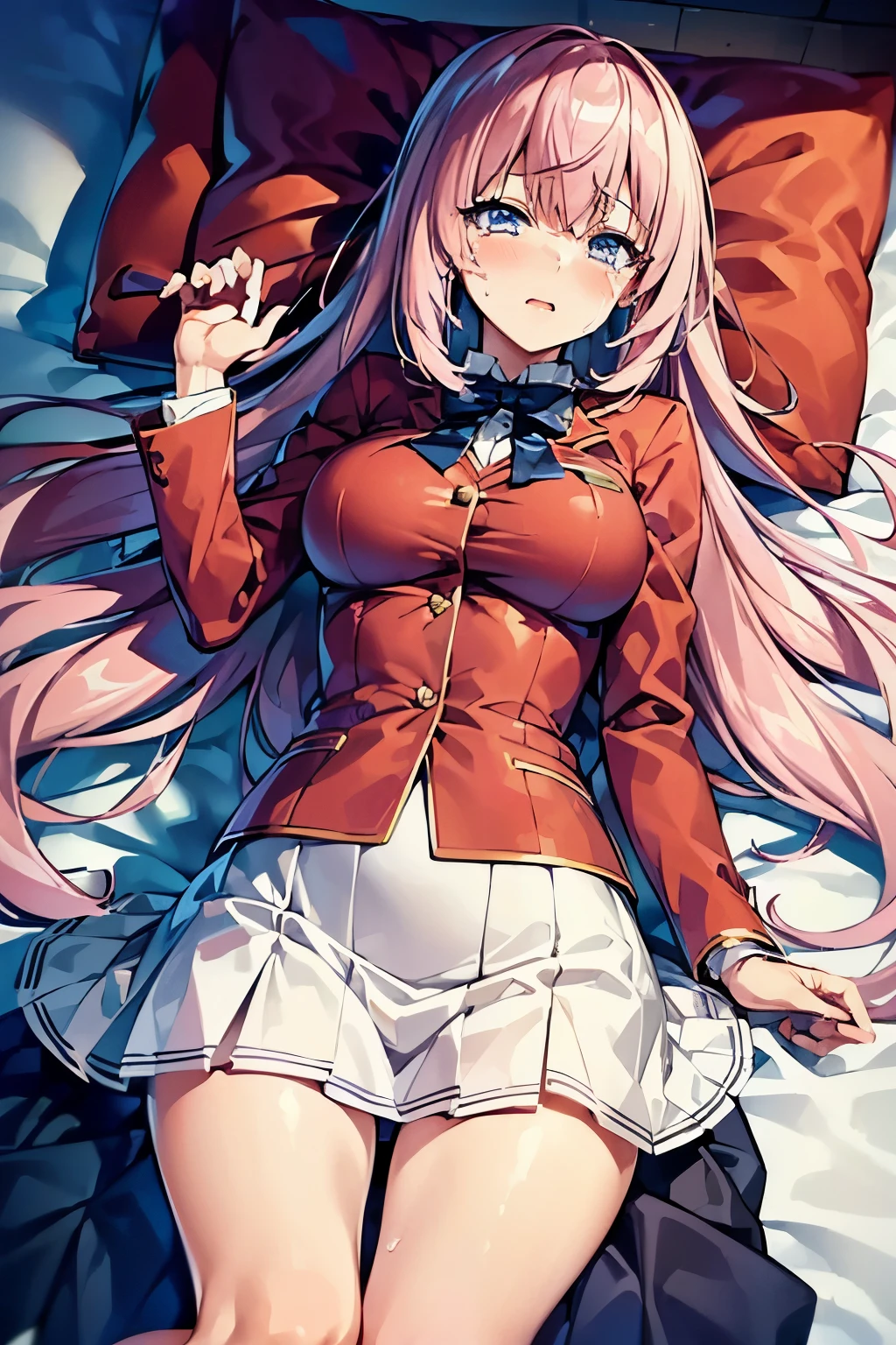 ​masterpiece, top-quality, Hi-Res, 1girl in, Honami Ichinose, White skirt、looking at the viewers,BREAK (masutepiece:1.2), Best Quality, High resolution, Unity 8k壁纸, (Illustration:0.8), (Beautiful detailed eyes:1.6), extra detailed face, Perfect Lighting, extremely details CG, (Perfect hands, Perfect Anatomy), (Crying face:1.3)、NSFW,Normal bit,(vaginal,SEX),(Missionary position,((1man with 1woman,Having sex)),Lying in bed,bird’s eye view),(Spread legs),(Sleep on your back:1.5),(Girl trembling with sexual climax)、1man、