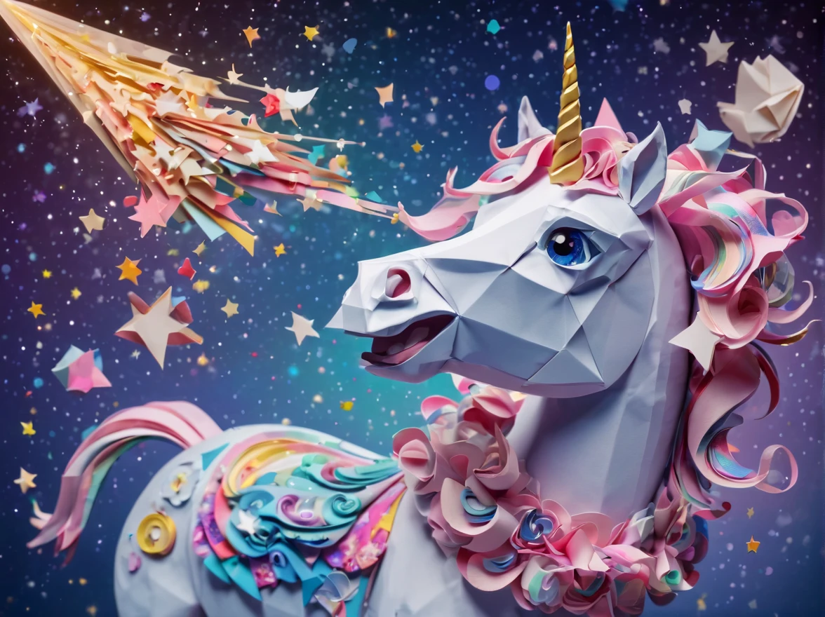 Full scene. mini ponytailed unicorn portraits, unicorn big smile to the camera, starry sky, zentangled, origami, 3d crunch, magical flashes and explosions crossing the horizon,