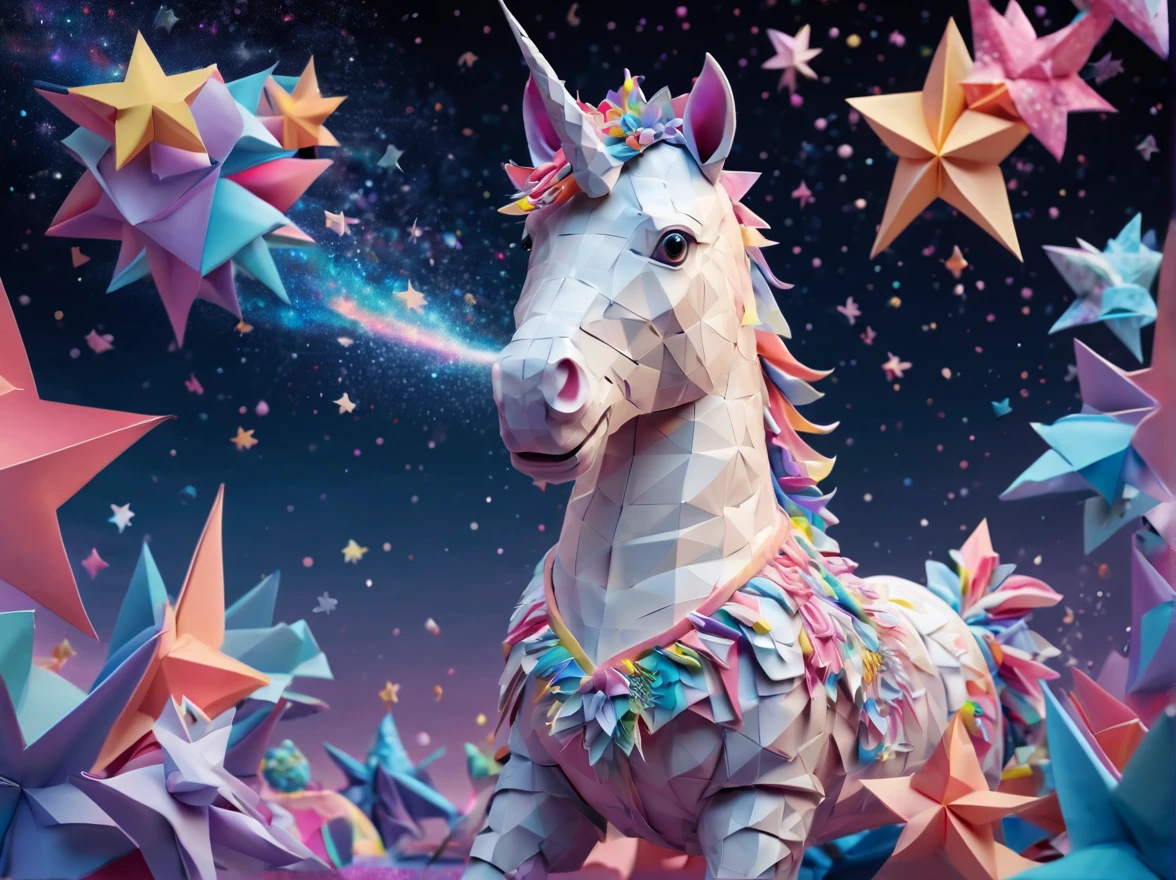 Full scene. mini ponytailed unicorn portraits, unicorn big smile to the camera, starry sky, zentangled, origami, 3d crunch, magical flashes and explosions crossing the horizon,
