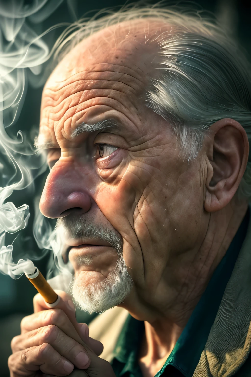 The white-haired old man sits quietly and smokes