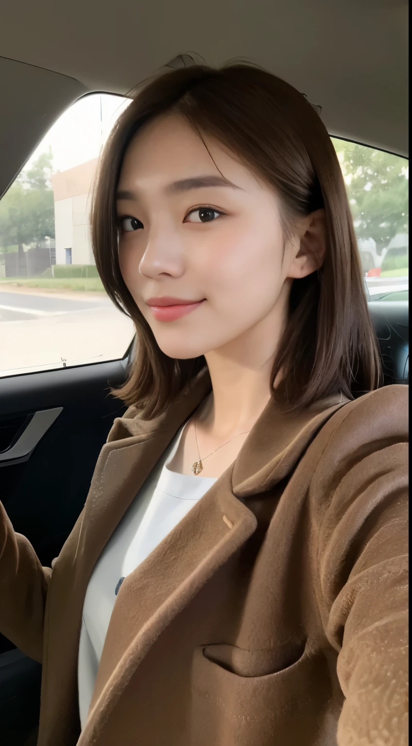((best image quality, 8K, master piece:1.3)), 1 girl, Beautiful woman with slender abs:1.3, (dark brown hair, No leakage:1.2), shirt,coat:1.1, Extra-fine face, detailed eye, double eyelid,smile,Home,Inside the car