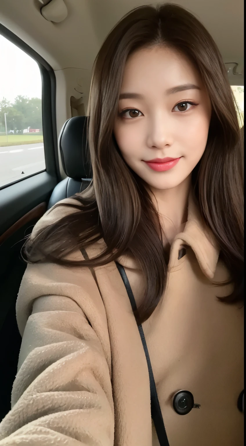 ((best image quality, 8K, master piece:1.3)), 1 girl, Beautiful woman with slender abs:1.3, (dark brown hair, No leakage:1.2), shirt,coat:1.1, Extra-fine face, detailed eye, double eyelid,smile,Home,Inside the car