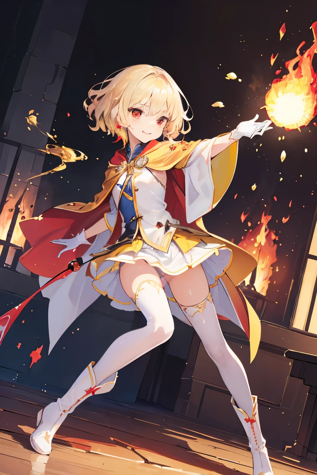 (((1girl))), ((best quality)), ((masterpiece)), ((ultra-detailed)), (illustration), (detailed light), (an extremely delicate and beautiful), (beautiful detailed eyes), (sunlight), ((extremely light)),  ((extremely clothes)), (((hyper detail))),(((((front lighting))))),(((((front light))))),

((((quite adorable Wizard's robe with a brief skirt)))), (((Novice Wizard))),
, 

(((wavy short manish bob))), ((((yellow gold hair)))), (((short hair))),
(((ruby red eyes))),

(((whole body))), aged 8 to 12, ((((())))),
((condescending expression)), ((mischievous smile with sexual satisfaction)),  (((extra adorable))), (((((extra slender shape))))), 
(((extremely beautiful detailed face))), 
(((((supre dynamically attacking enemies by a spell of a small fire ball))))), (((elegant magic boots))),

(((((Dutch angle))))), (((white gloves))), ((transparent magical underskirt)), ((a little bit exposed adorable white panties))