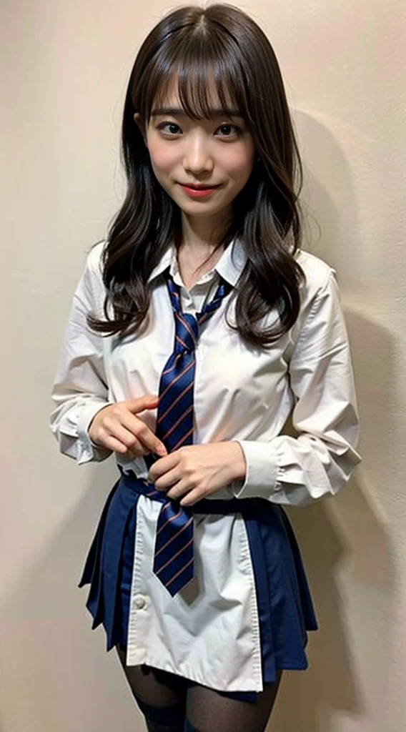 (8K、RAW photo、highest quality、masterpiece:1.2)、(realistic、Photoreal)、40 years、1 girl、I have a mole next to my eye、((White shirt with long sleeves、sailor suit、red tie、Below-the-knee length navy pleated skirt))、（high school girl）、The skirt is rolled up、gal、lots of eyelashes、glitter on eyelids、Dark Red Knee-High Socks、Skeletally correct、thighs open、wavy twintails、cute smile、sweaty body、attractive body beautiful perfect body、V-line emphasis、put your hands behind your head、Beautifully aligned fingertips、