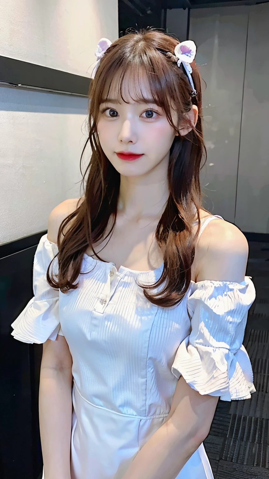 (masterpiece:1.3)、(8K、photorealism、Raw photo、best image quality:1.4)、18 year old Japanese girl、super detail face、eye for details、double eyelid、sharp focus:1.2、Beautiful woman:1.4、highest quality、Super high resolution、(Photoreal:1.4)、delicate body shape、Slender、Ribs appear prominent、in cyberpunk city、cityscape、girl、A sloppy smile、attractive pose、 Lux 1, 1girl, alone, Lux 1, 1girl, alone, pink hair, straight hair, hair ornaments, white detached sleeves, blue eyes, white dress, purple skirt, long skirt, very long hair, bare shoulders, (big ), cowboy shot,The chest of the dress is wide open:1.4、hair ornaments、((Chest looks good:1.3))、There is a gap between the left and right breasts:1.4、