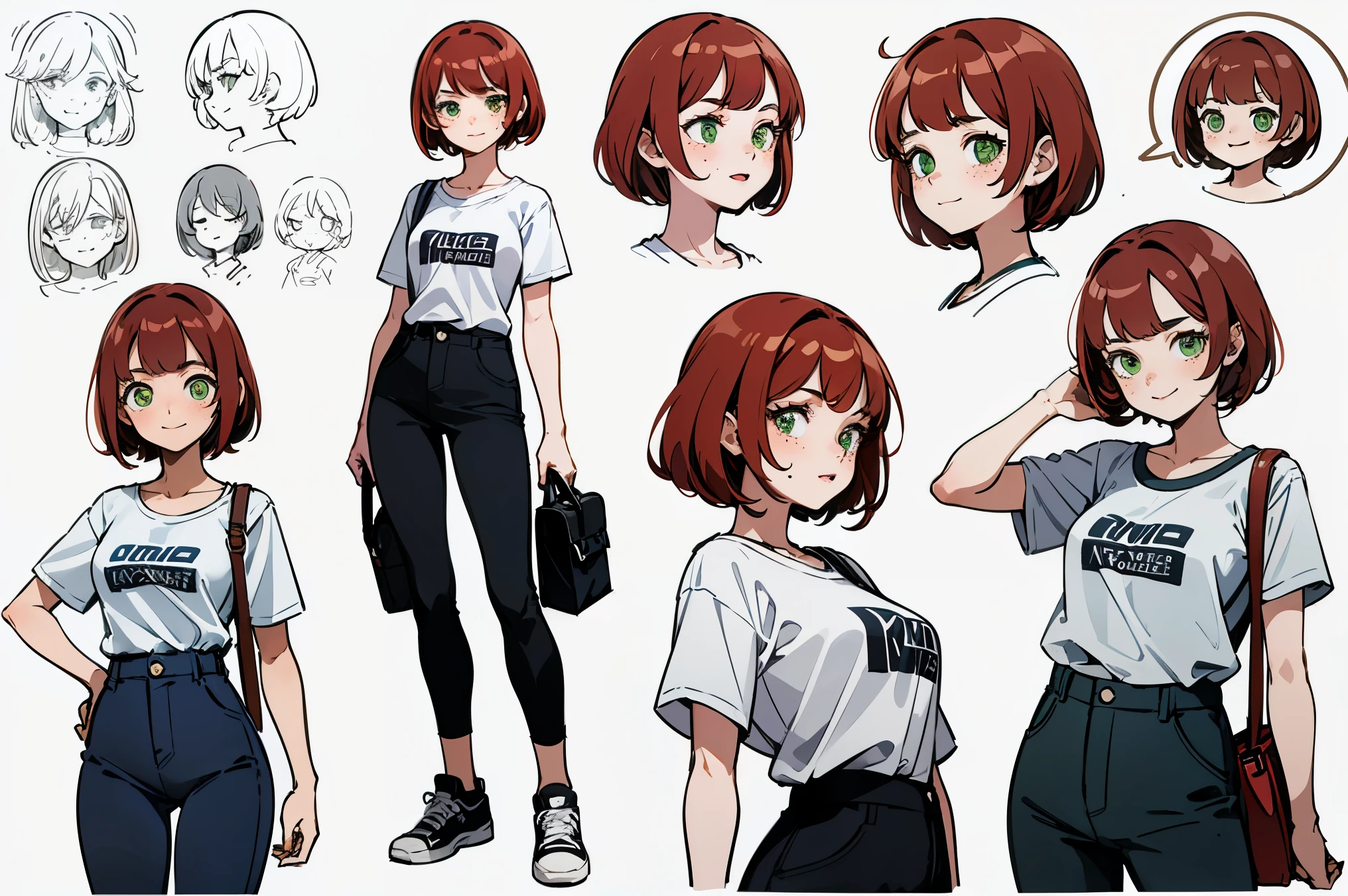 top quality, Detailed face, Character Sheet,(((Young woman:1.5))), ((full length:1.2)), Full of details, several poses and expressions, very detailed, Depth, Young woman, Red hair, short hairstyle, green eyes, freckles, nice smile, T-shirt with the inscription, loose black pants, dark blue sneakers, a shoulder bag, cute pose