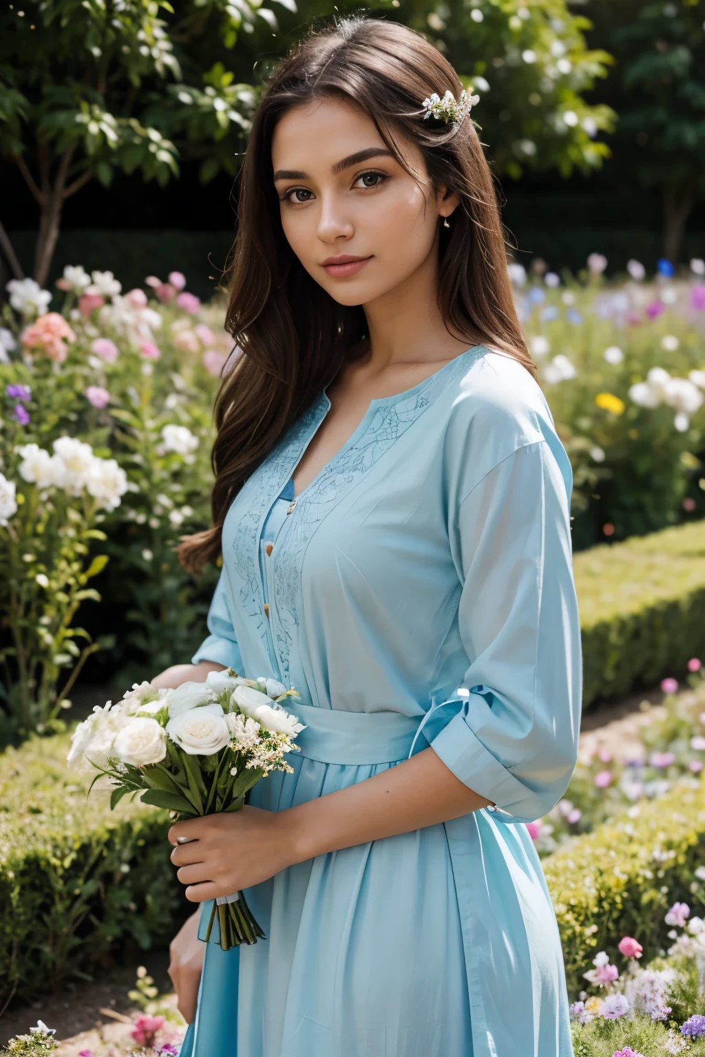 beautiful noble girl in light blue clothes standing in the garden with flowers
