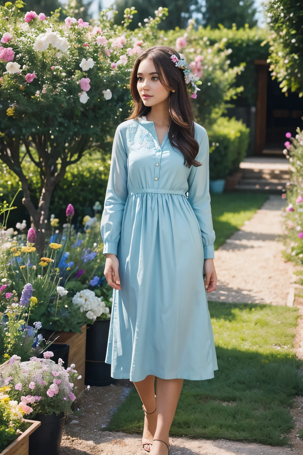 beautiful noble girl in light blue clothes standing in the garden with flowers