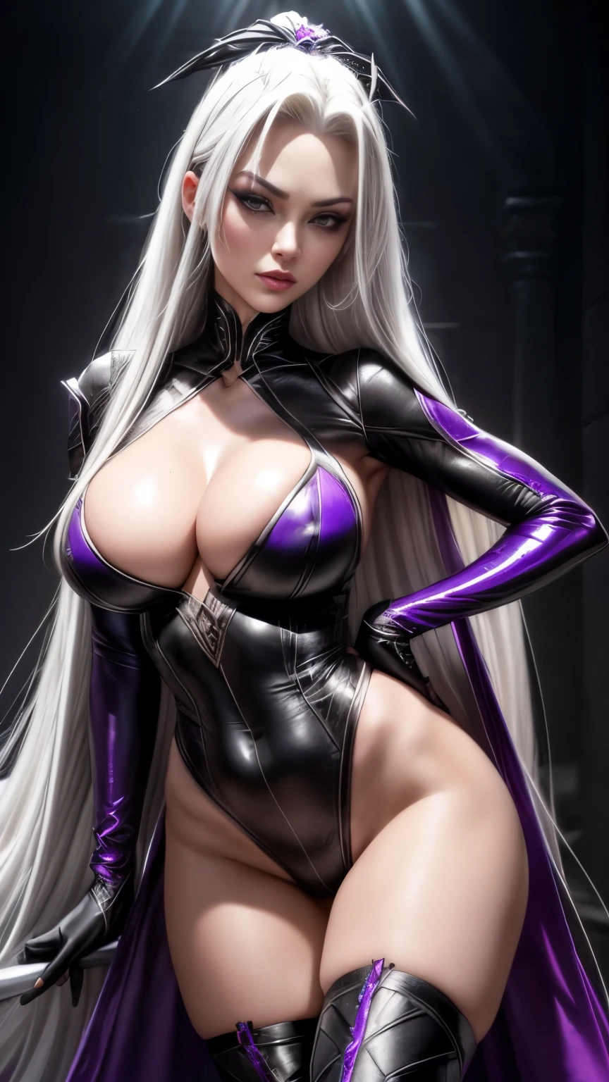 ((sexy pose)) ((Sexy, tall and very beautiful sindel from mortal kombat videogame series)) ((dark eyeshadows make up)) (()) (()) ((big bright white eyes)) (()) ((seductive)) ((very long straight white hair)) ((big breasts:1.5)) ((slender body:1.3)) ((wears sexy purple thong leotard, long black gloves, long knee high boots)) (()) ((choker)) (()) ((buhddist temple)) ((pale light)) ((high definition:1.5)) ((masterpiece:1.5)) ((8k:1.5)) ((Best quality:1.4)), more_details:-1, more_details:0, more_details:0.5, more_details:1, more_details:1.5,