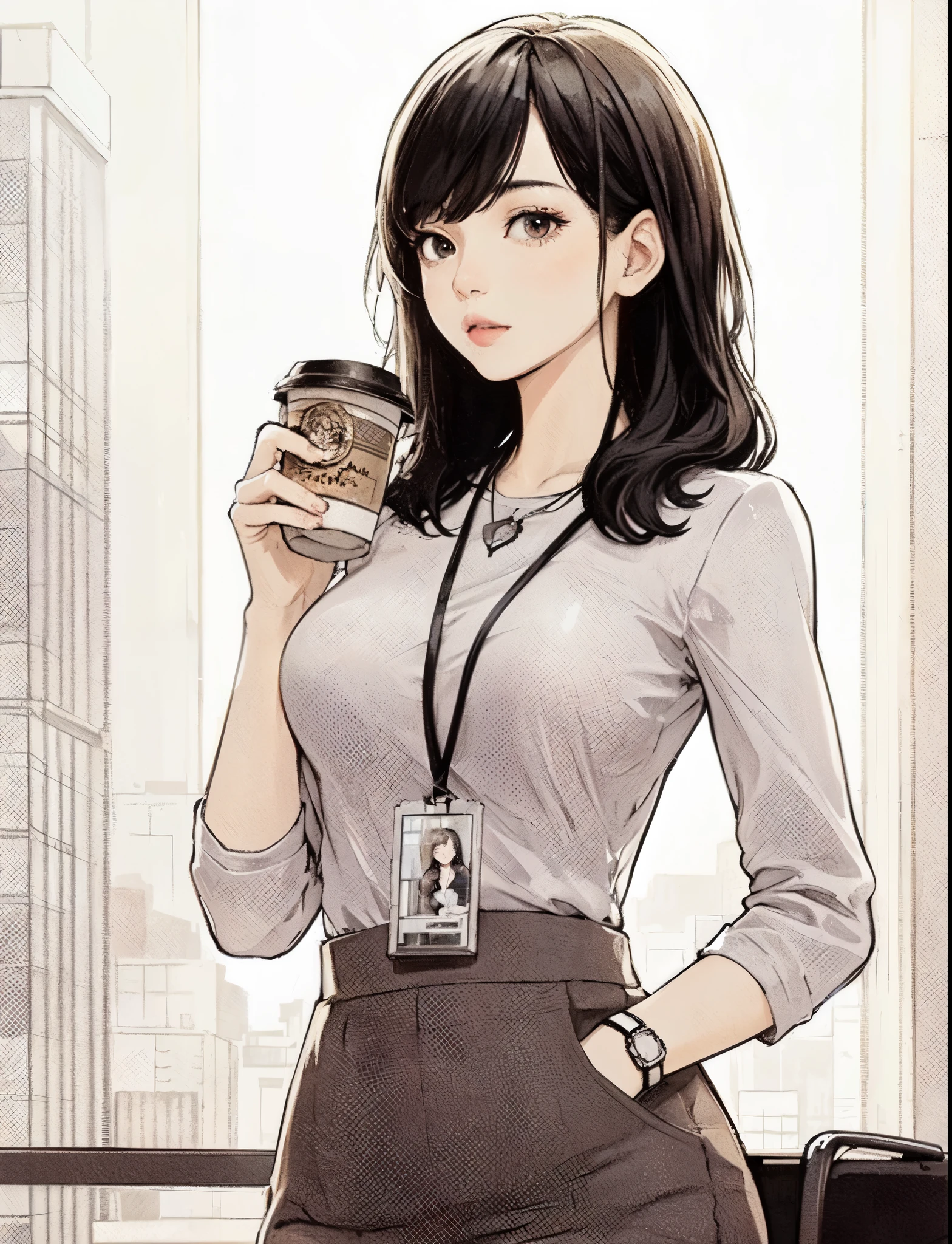 1lady standing, holding a coffee cup, office worker outfit, mature female, /(black hair/) bangs, cool expression, (masterpiece best quality:1.2) delicate illustration ultra-detailed, large breasts BREAK /(modern office indoors/), window skyscraper