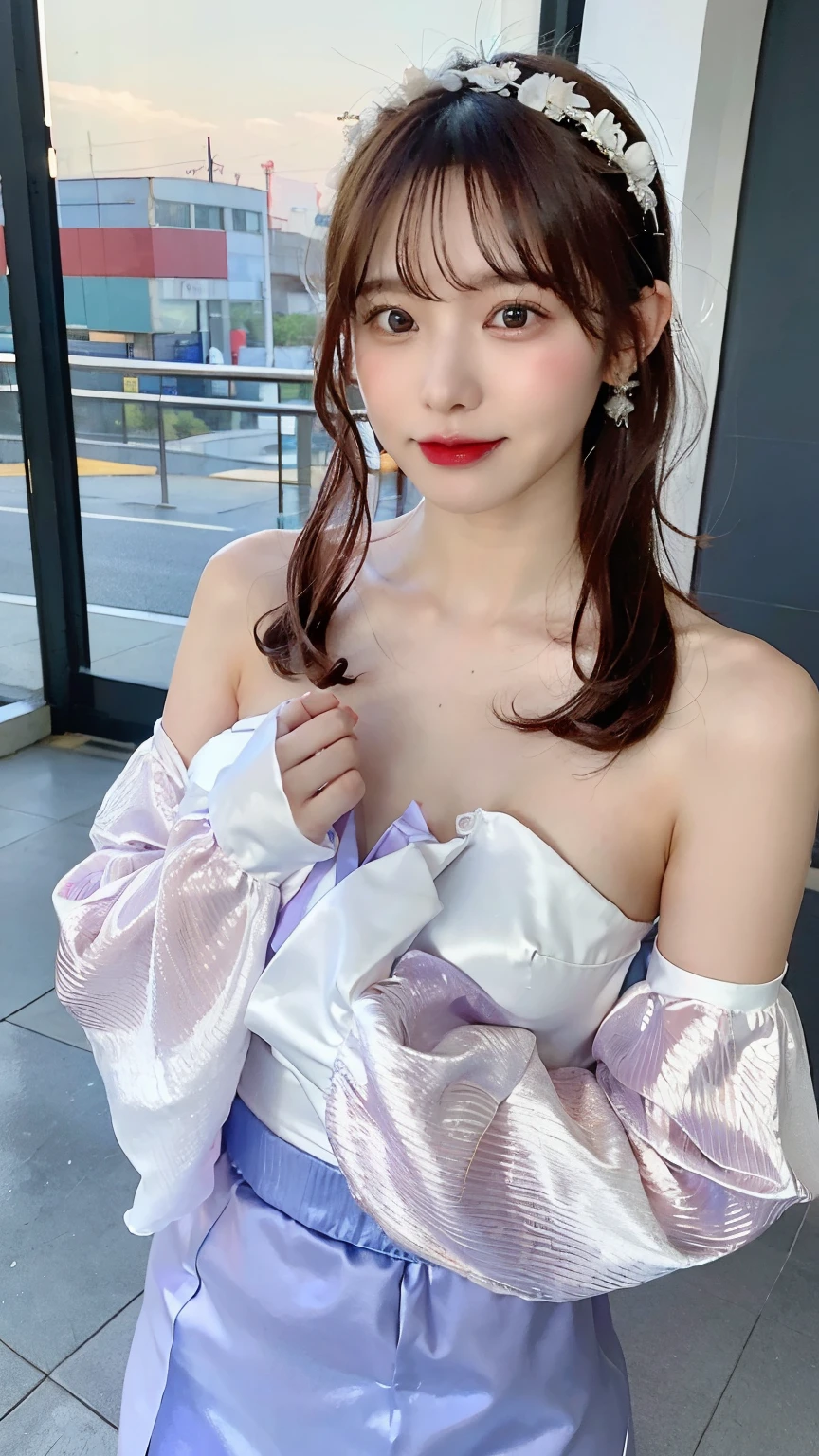 (masterpiece:1.3)、(8K、photorealism、Raw photo、best image quality:1.4)、18 year old Japanese girl、super detail face、eye for details、double eyelid、sharp focus:1.2、Beautiful woman:1.4、highest quality、Super high resolution、(Photoreal:1.4)、delicate body shape、Slender、Ribs appear prominent、in cyberpunk city、cityscape、girl、A sloppy smile、attractive pose、 Lux 1, 1girl, alone, Lux 1, 1girl, alone, pink hair, straight hair, hair ornaments, white detached sleeves, blue eyes, white dress, purple skirt, long skirt, very long hair, bare shoulders, (big ), cowboy shot,The chest of the dress is wide open:1.4、hair ornaments、((Chest looks good:1.3))、There is a gap between the left and right breasts:1.4、