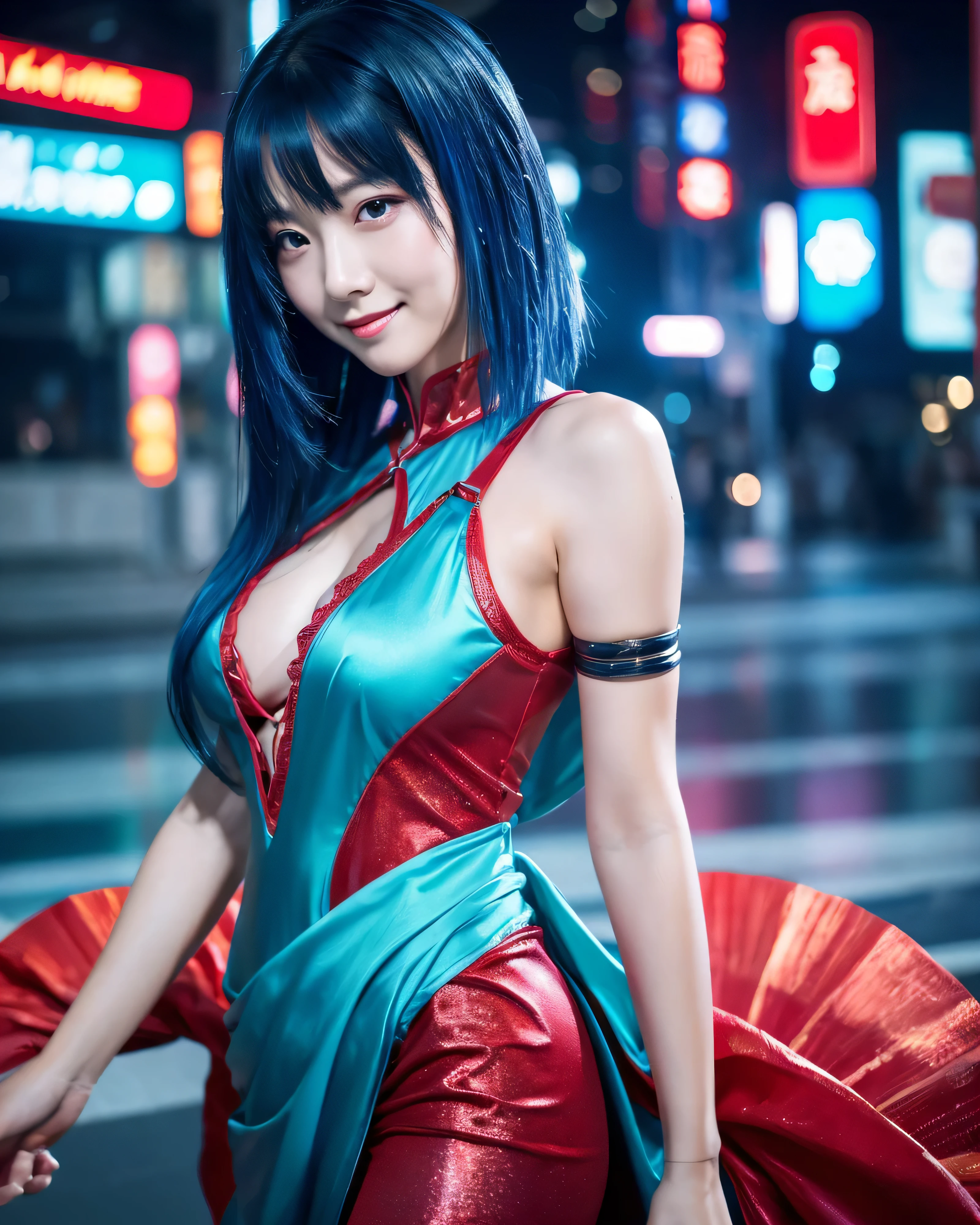 beautiful japanese woman,detailed beautiful eyes,sexy ceramic dress,Red china clothes,sleeveless,slit,Beautiful legs with attention to detail,long dress,complex colored blue hair,gentle smile,short hair,(cyberpunk city:1.3),Kongonsi, water,Cast Magic, cast water magic,water ball on the hand,(whole body:1.3),sword, arm, hand-held arm, sword surrounded by water element,professional lighting