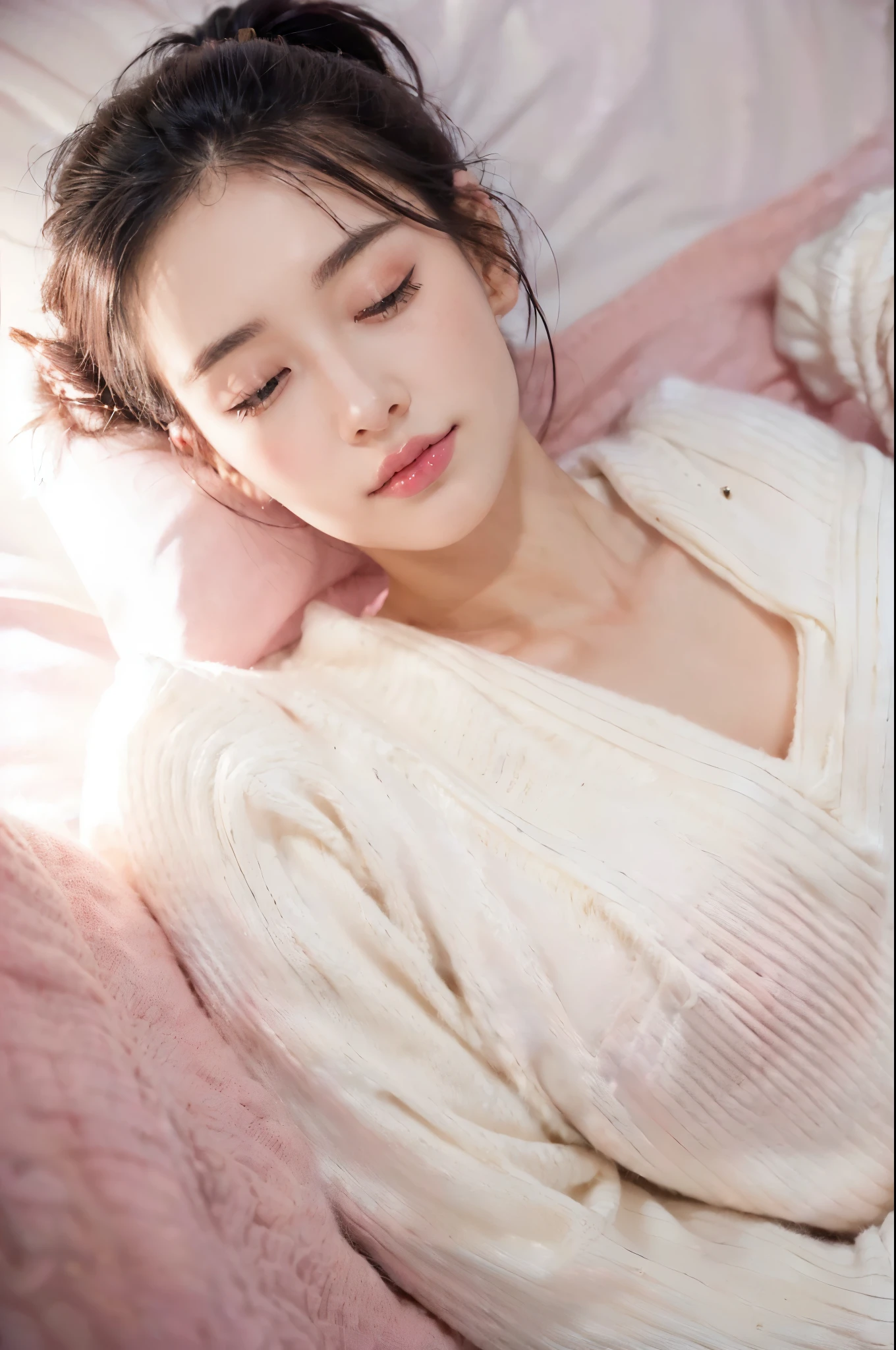 ((((8k))),((Extremely meticulous CG)) ,(wallpaper),16k,((Extremely refined and beautiful)),(((Masterpiece))),(((best qualtiy))),(((Ultra High Resolution))),beautiful light up,Perfect lightning,realistic shaded,(A high resolution),(Smooth and flawless fair skin:1.5),(pale skin:1.3),(Extremely exquisite facial details:1.3),(perfect body:1.1),(ultra - detailed),A beautiful girl,solo,small head,(black short ponytail:1.2),(small face:1.2),Exquisite makeup,(close eyes:1.5),(sleeping:1.2),(blush:1.5),(small breasts:1.1),flat chests,slim,thin,happy,(Smile:1.2),(white sweater:1.5),(night scene:1.5),indoor,(In the bedroom:1.3),(lying flat on back on the pink bed:1.5),(close-up of face:1.3),(from above:1.3),(top view:1.3)