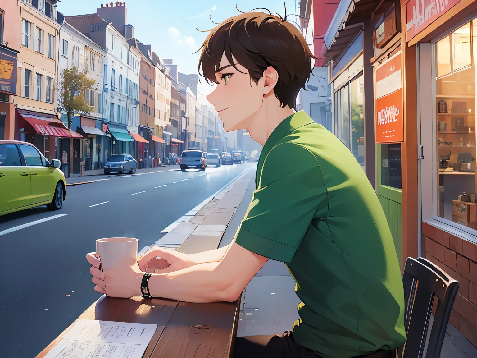 (looking away:1.5), (side angle:1.2), masterpiece、high quality、(25 year old man with short dark brown hair and green eyes:1.5), wearing a blue short-sleeved shirt、(Alone:1.5)、smile, (Only the upper body is shown.:1.3)、The background is a café、Are standing