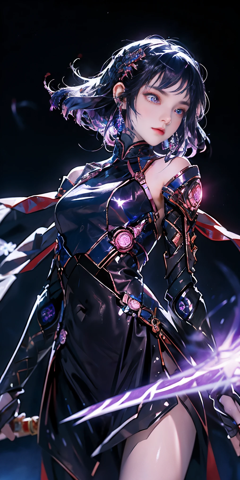 1 girl in、You have transformed into a sword-wielding wizard monster girl。With bright purple hair and crimson eyes、extremely detailed eyes、long hair、He has a fighting spirit on his face.。In his right hand he holds a shining sword.、The blade is wearing thunder lightning。The body is light and agile.、Soar freely in the air