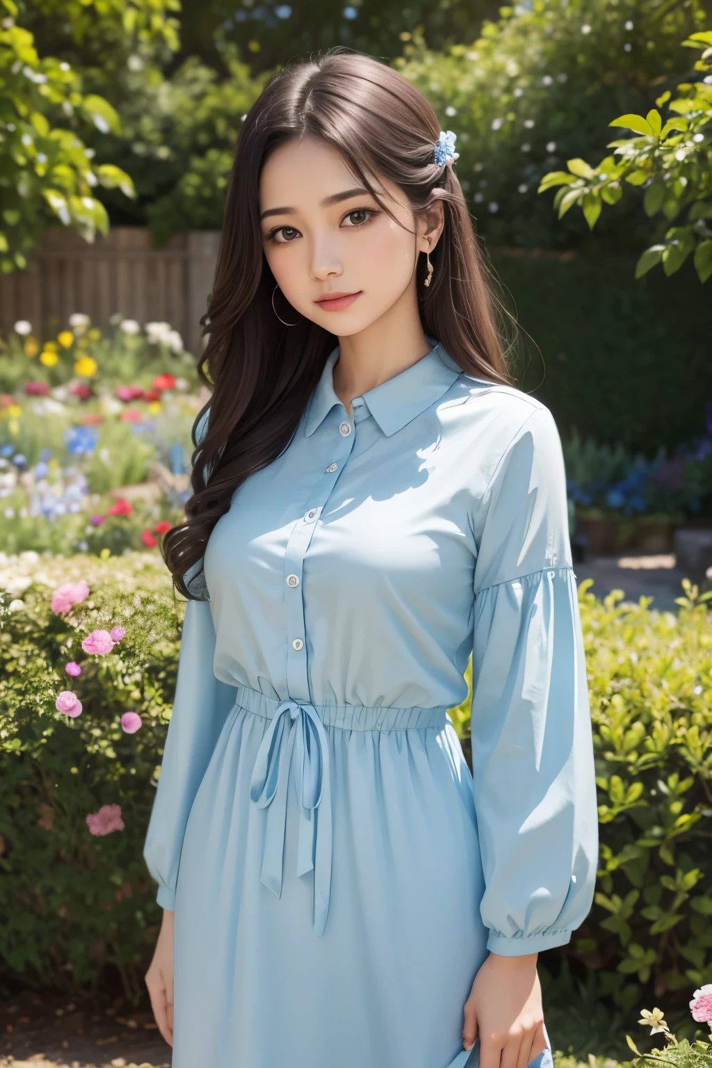 beautiful noble girl in light blue clothes standing in the garden with flowers