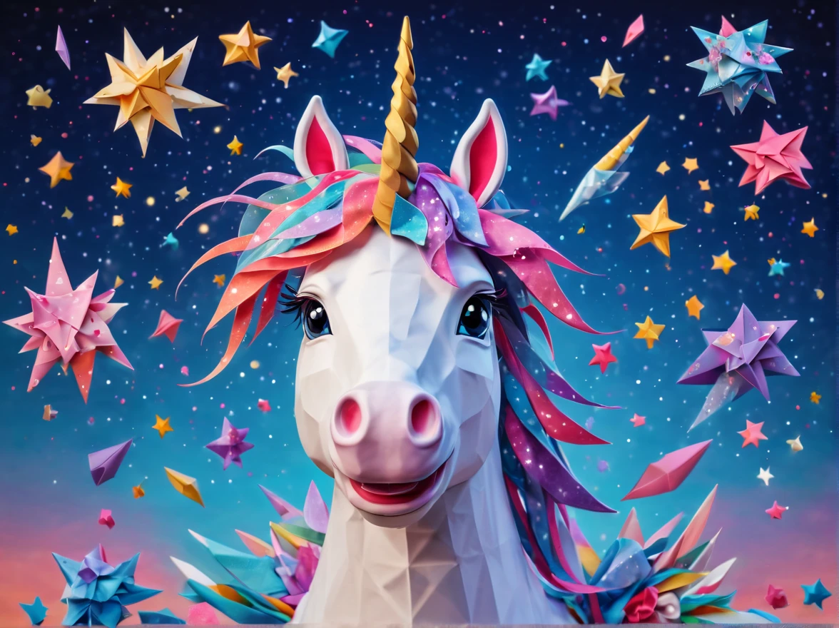 Full scene. mini ponytailed unicorn portraits, unicorn big smile to the camera, starry sky, zentangled, origami, 3d crunch, magical flashes and explosions crossing the horizon,