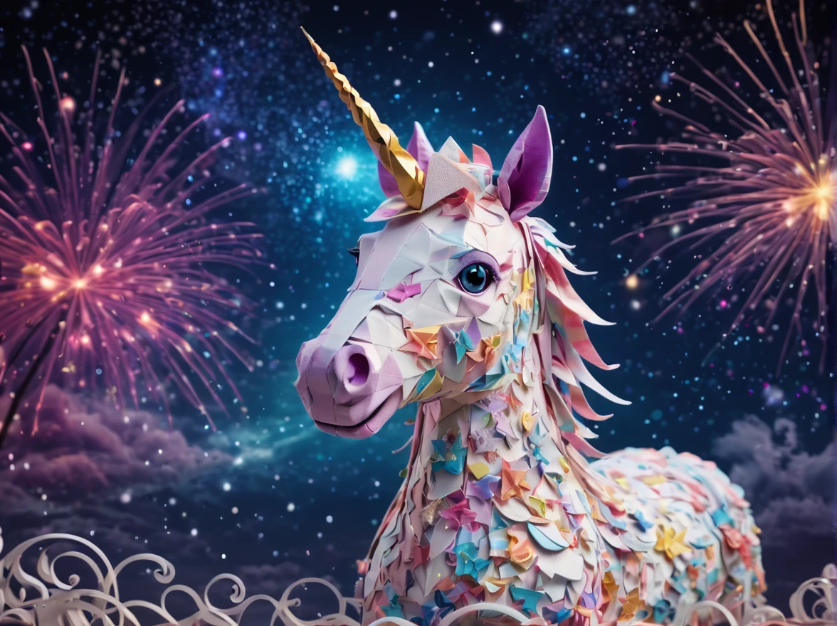 Full scene. mini ponytailed unicorn portraits, unicorn big smile to the camera, starry sky, zentangled, origami, 3d crunch, magical flashes and explosions crossing the horizon,