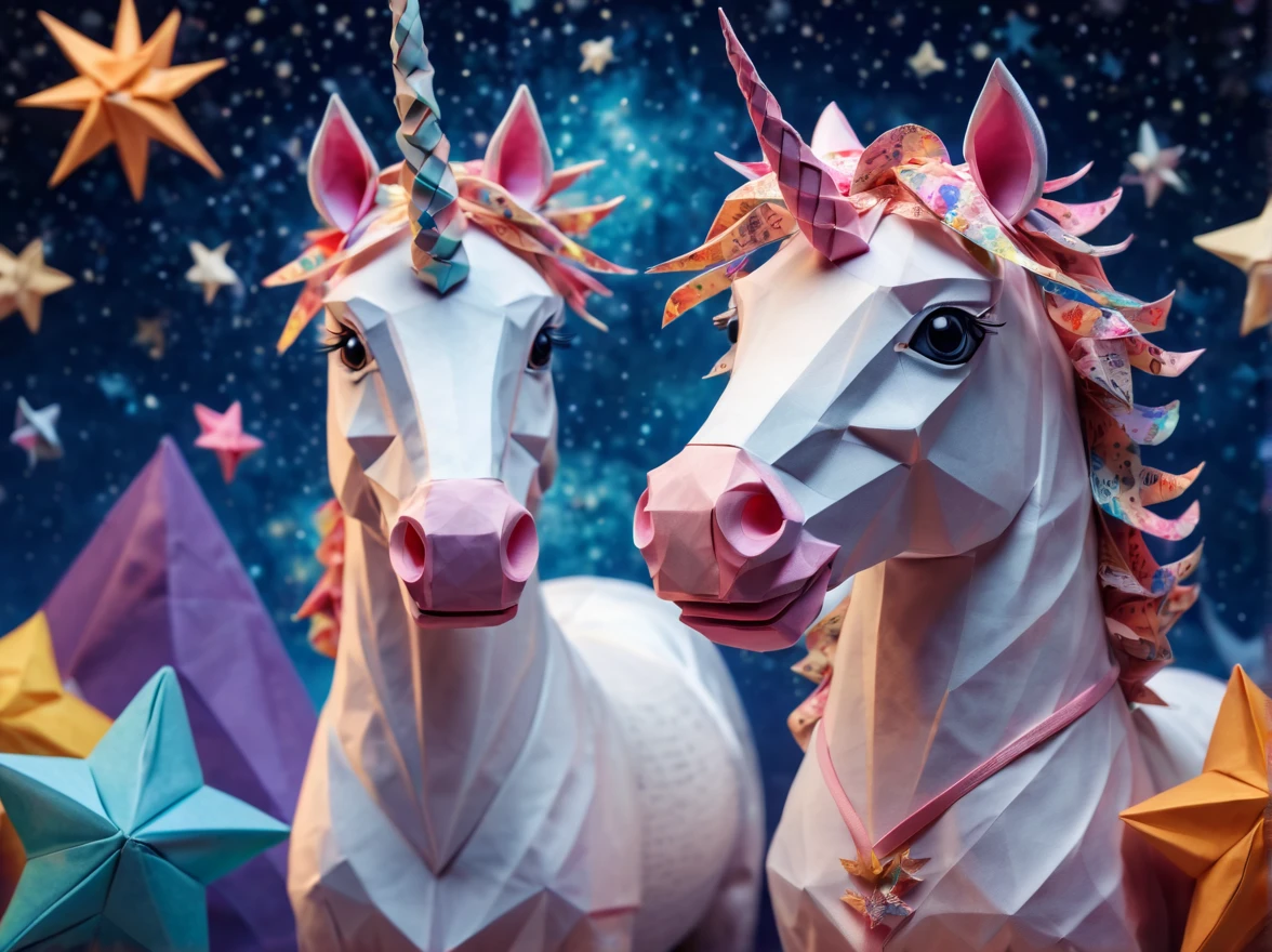 Full scene. mini ponytailed unicorn portraits, unicorn big smile to the camera, starry sky, zentangled, origami, 3d crunch, magical flashes and explosions crossing the horizon,
