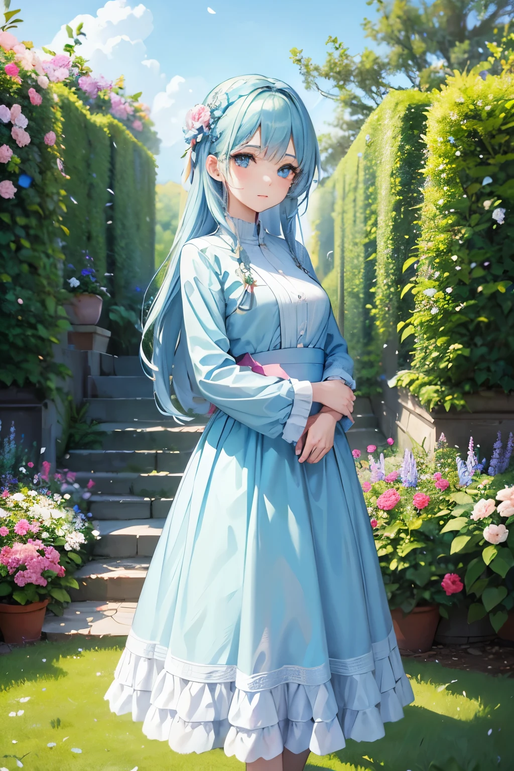 beautiful noble girl in light blue clothes standing in the garden with flowers