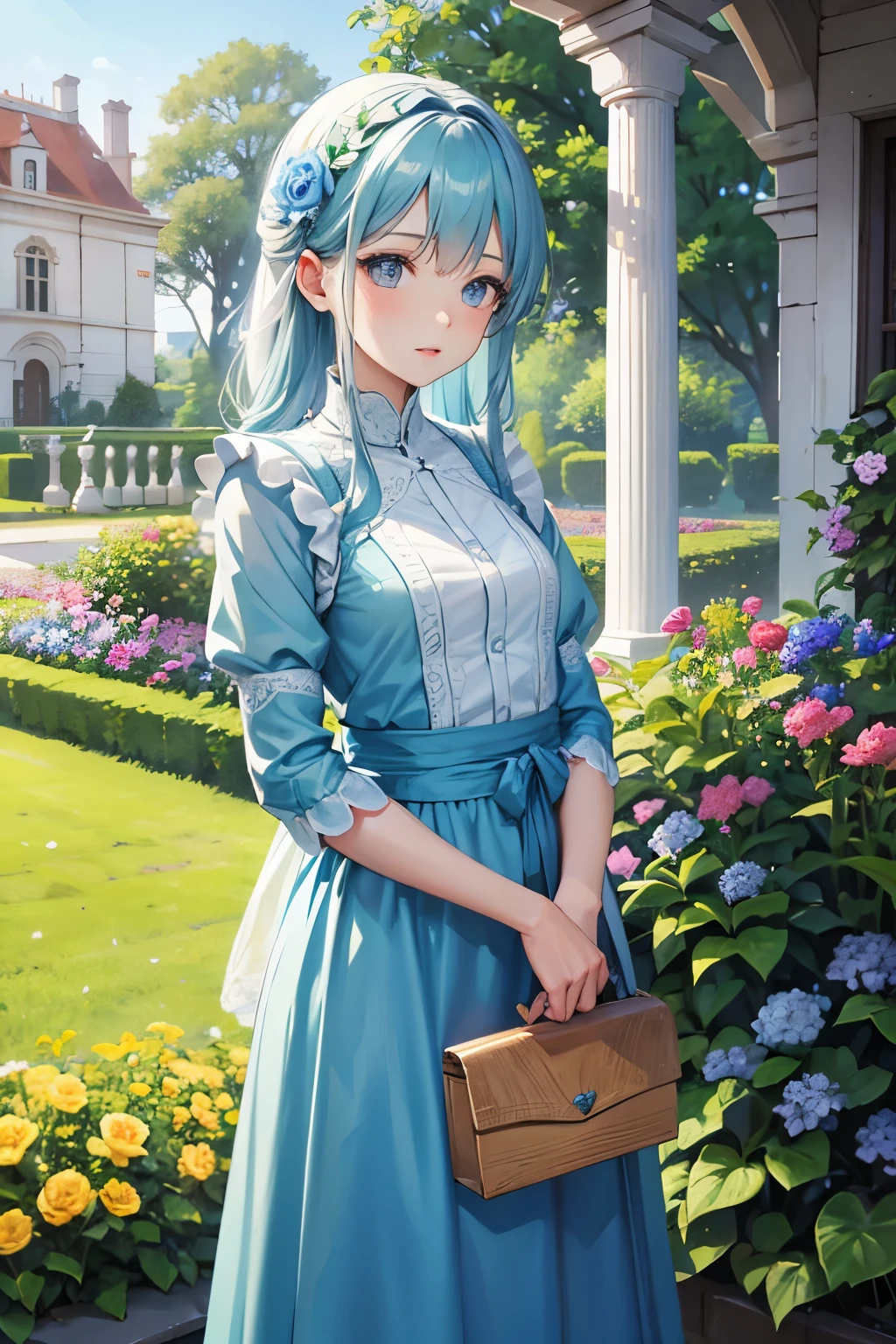 beautiful noble girl in light blue clothes standing in the garden with flowers