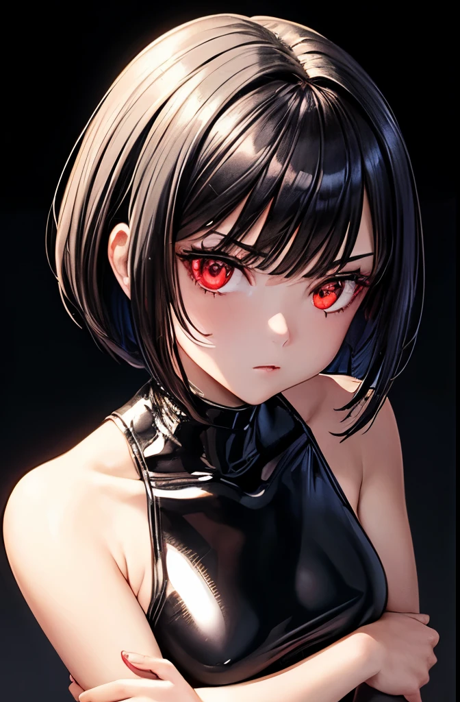 (Masterpiece, Best Quality), 1girl, Metallic White Silver Tank Top with a latex-shiny finish, Red interpolation color detailing, Black Hair in a bob cut style, Red glowing eyes with a highly detailed and expressive expression.