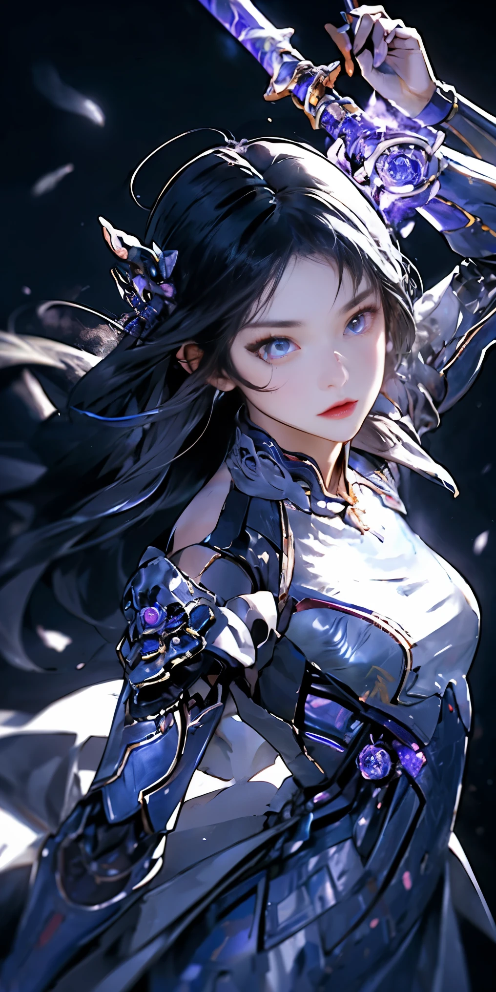 1 girl in、You have transformed into a pole arm-wielding wizard monster girl。With bright purple long hair and purple eyes、extremely detailed eyes、long hair、He has a fighting spirit on his face.。In his right hand he holds a shining sword.、The blade is wearing thunder lightning。The body is light and agile.、Soar freely in the air