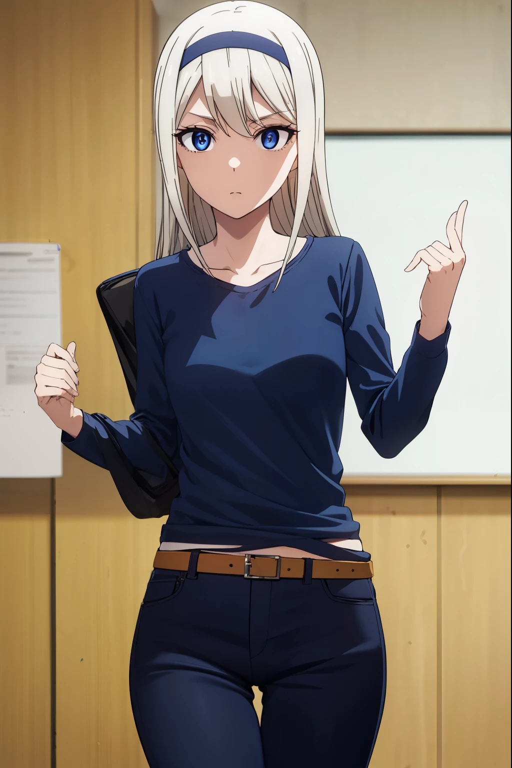 keishirogane, kei shirogane, long hair, blonde hair, blue eyes, white hair, hairband,
BREAK shirt, long sleeves, blue shirt, pants, yellow pants, collarbone,
BREAK indoors, classroom,
BREAK looking at viewer, (cowboy shot:1.5),
BREAK (masterpiece:1.2), best quality, high resolution, unity 8k wallpaper, (illustration:0.8), (beautiful detailed eyes:1.6), extremely detailed face, perfect lighting, extremely detailed CG, (perfect hands, perfect anatomy),