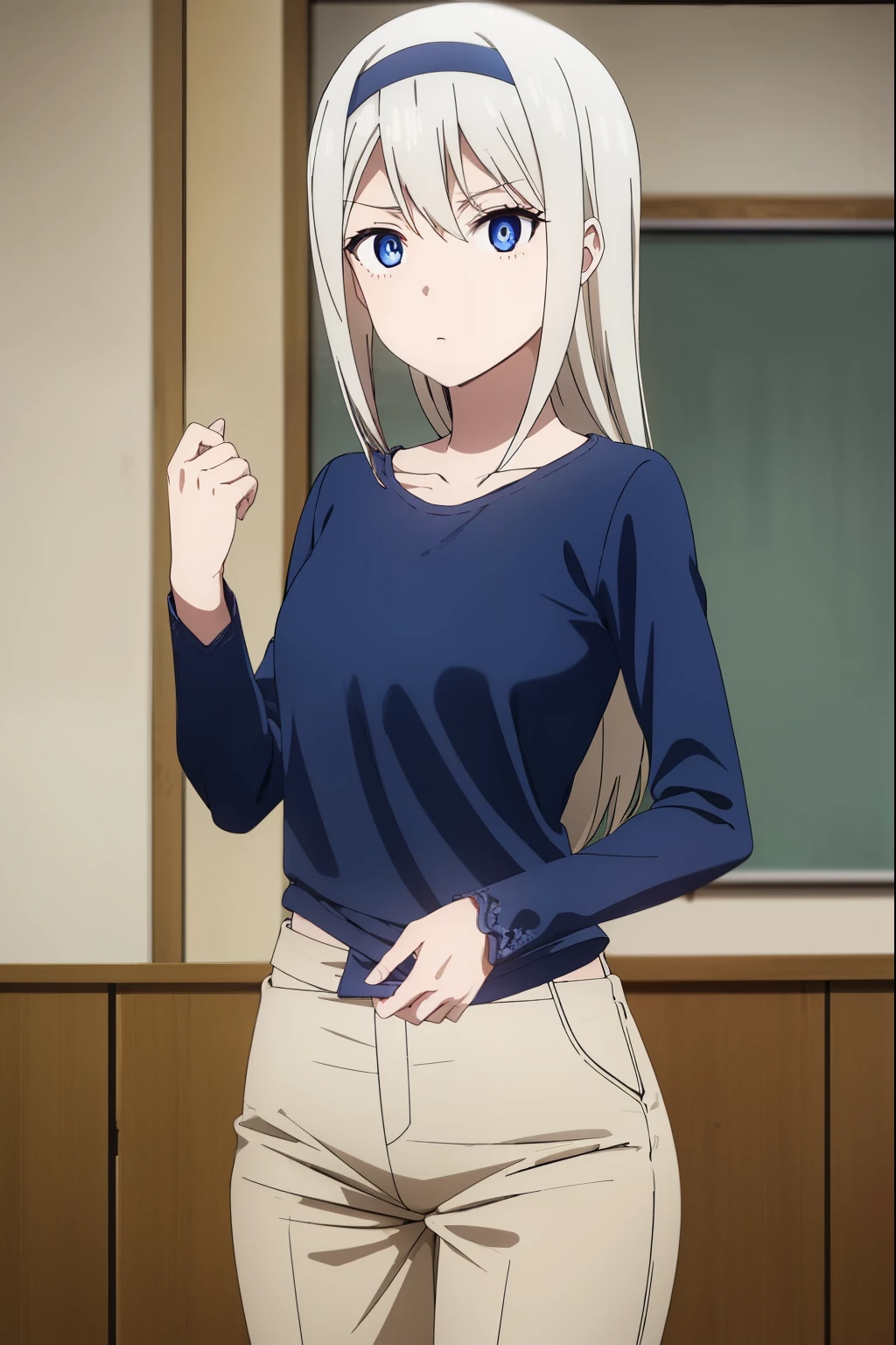 keishirogane, kei shirogane, long hair, blonde hair, blue eyes, white hair, hairband,
BREAK shirt, long sleeves, blue shirt, pants, yellow pants, collarbone,
BREAK indoors, classroom,
BREAK looking at viewer, (cowboy shot:1.5),
BREAK (masterpiece:1.2), best quality, high resolution, unity 8k wallpaper, (illustration:0.8), (beautiful detailed eyes:1.6), extremely detailed face, perfect lighting, extremely detailed CG, (perfect hands, perfect anatomy),