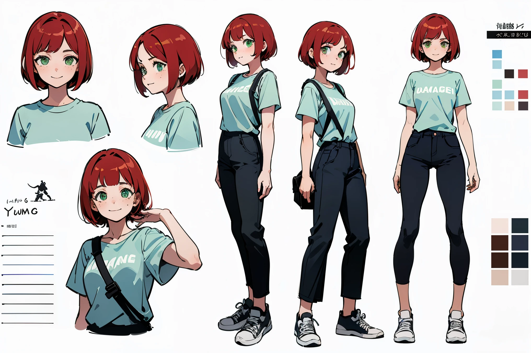 top quality, Detailed face, Character Sheet,(((Young woman:1.5))), ((full length:1.2)), Full of details, several poses and expressions, very detailed, Depth, Young woman, Red hair, short hairstyle, green eyes, freckles, nice smile, T-shirt with the inscription, , baggy black pants, dark blue sneakers, a shoulder bag, cute pose