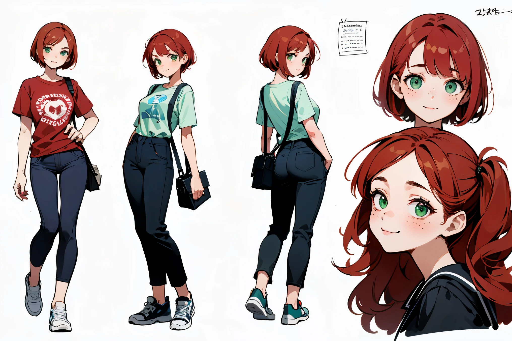 top quality, Detailed face, Character Sheet,(((Young woman:1.5))), ((full length:1.2)), Full of details, several poses and expressions, very detailed, Depth, Young woman, Red hair, short hairstyle, green eyes, freckles, nice smile, T-shirt with the inscription, , baggy black pants, dark blue sneakers, a shoulder bag, cute pose