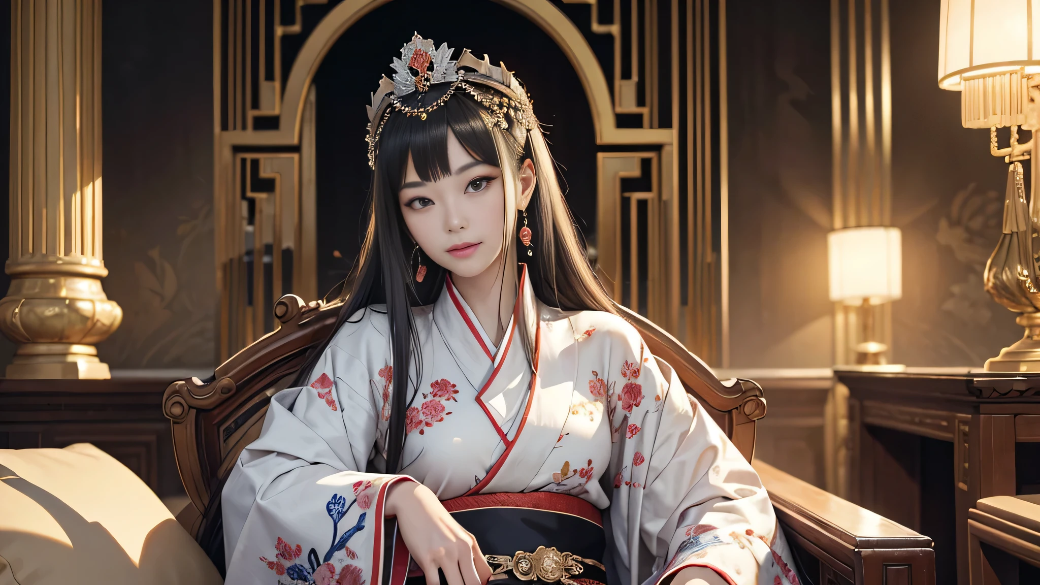 (8K, RAW photo, highest quality, masterpiece: 1.2), (realistic, realistic: 1.37), 1 girl, ancient China、In a room in the imperial court at the end of the Later Han Dynasty、The empress is sitting in a luxurious chair。The empress is華やかな服装で神々It has a nice aura to it..。The empress is綺麗な顔立ちで、She is wearing a hair accessory that was fashionable at the time..。The empress is、he is smiling and looking forward.。