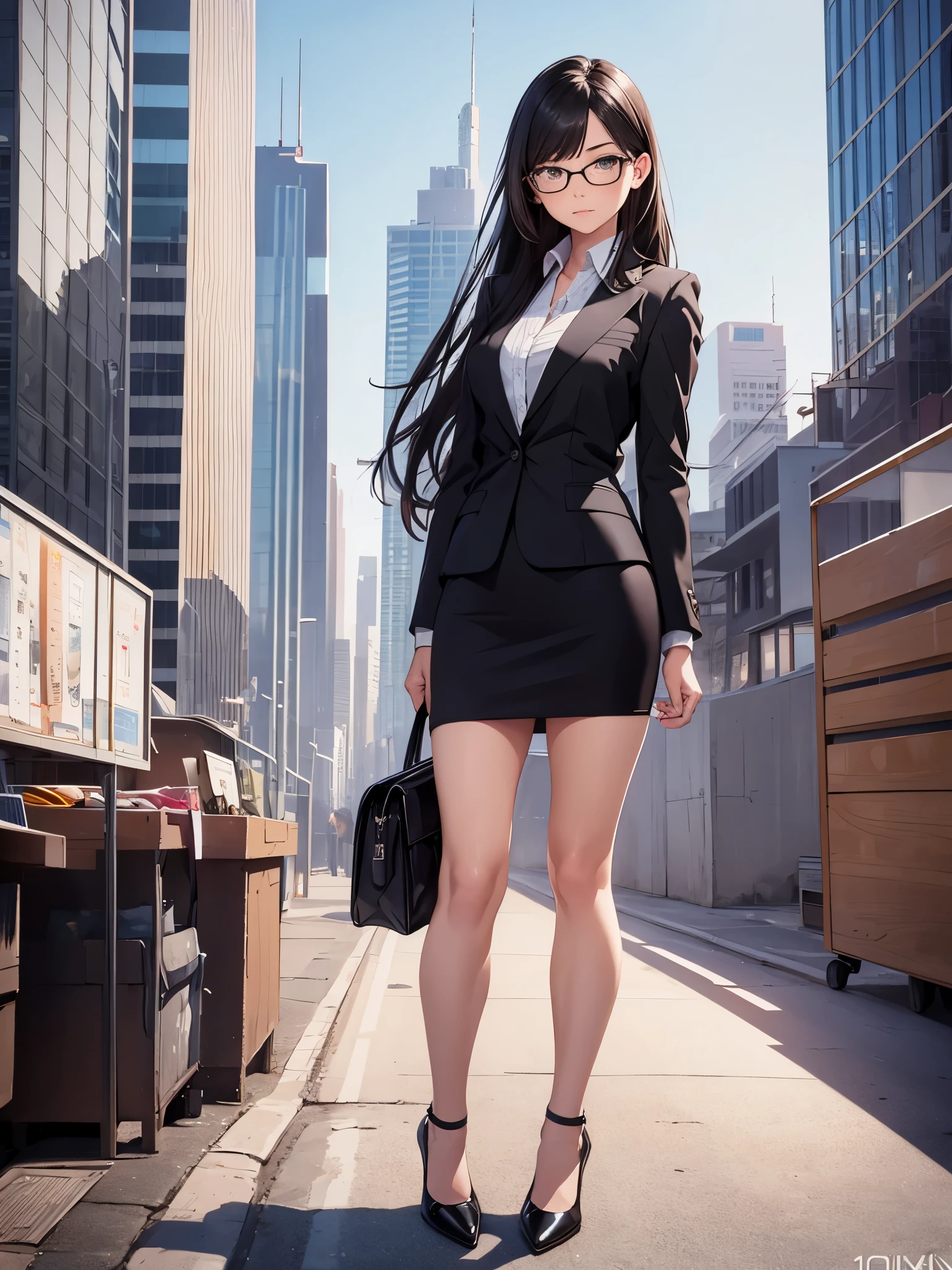 1girl, medium breasts, bare legs, shoes, shoes, city backdrop, solo, single, standing, full body shot, cowboy shot, beautiful detailed eyes, mature lady, glasses, office lady, suit, pencil skirt, miniskirt, black hair, long hair